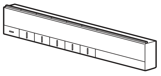 Black rectangular remote control assembly with multiple buttons arranged horizontally along the front panel.
