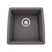 Dark gray single bowl undermount sink with chrome drain strainer, rounded corners, viewed from above.