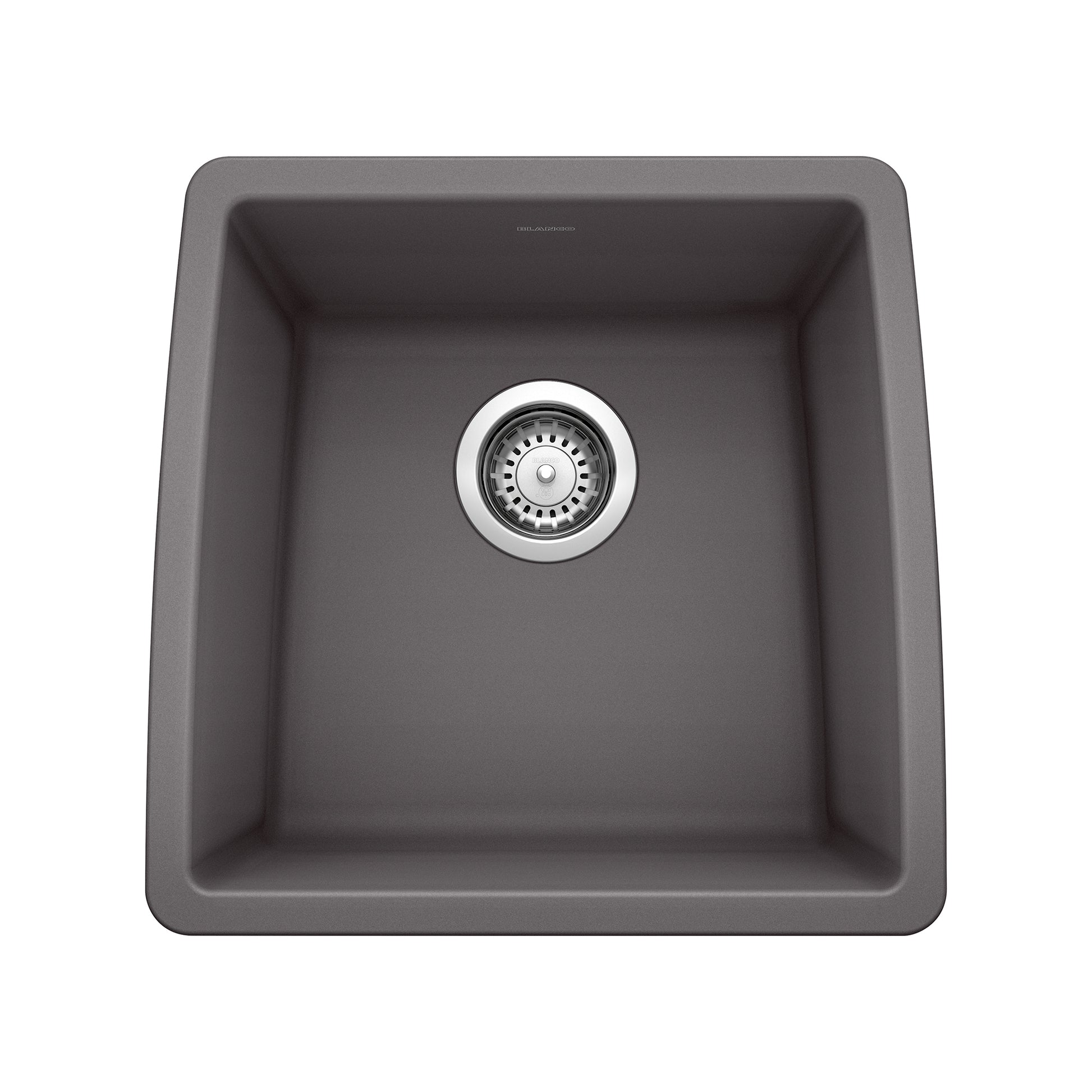Dark gray single bowl undermount sink with chrome drain strainer, rounded corners, viewed from above.