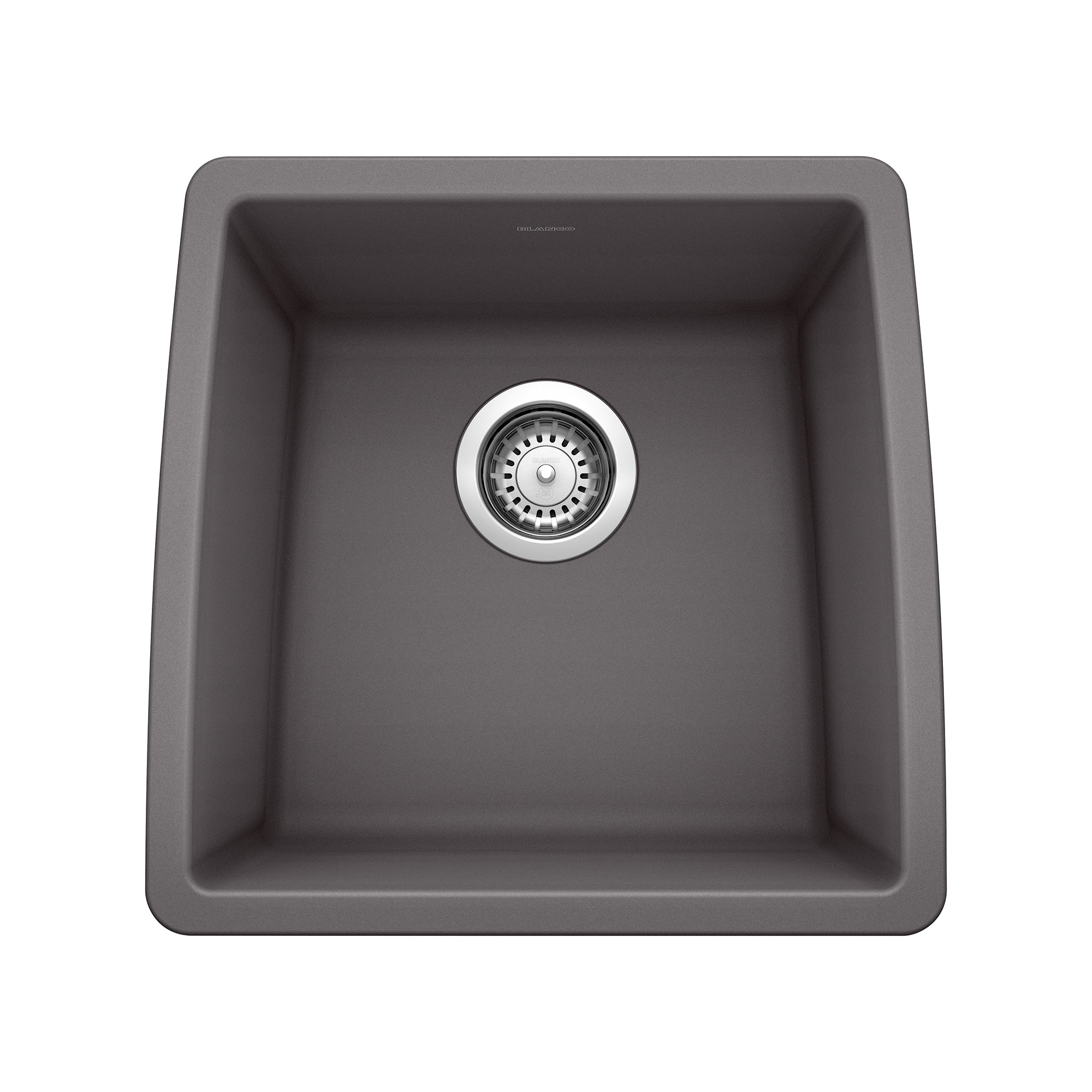 Dark gray single bowl undermount sink with chrome drain strainer, rounded corners, viewed from above.