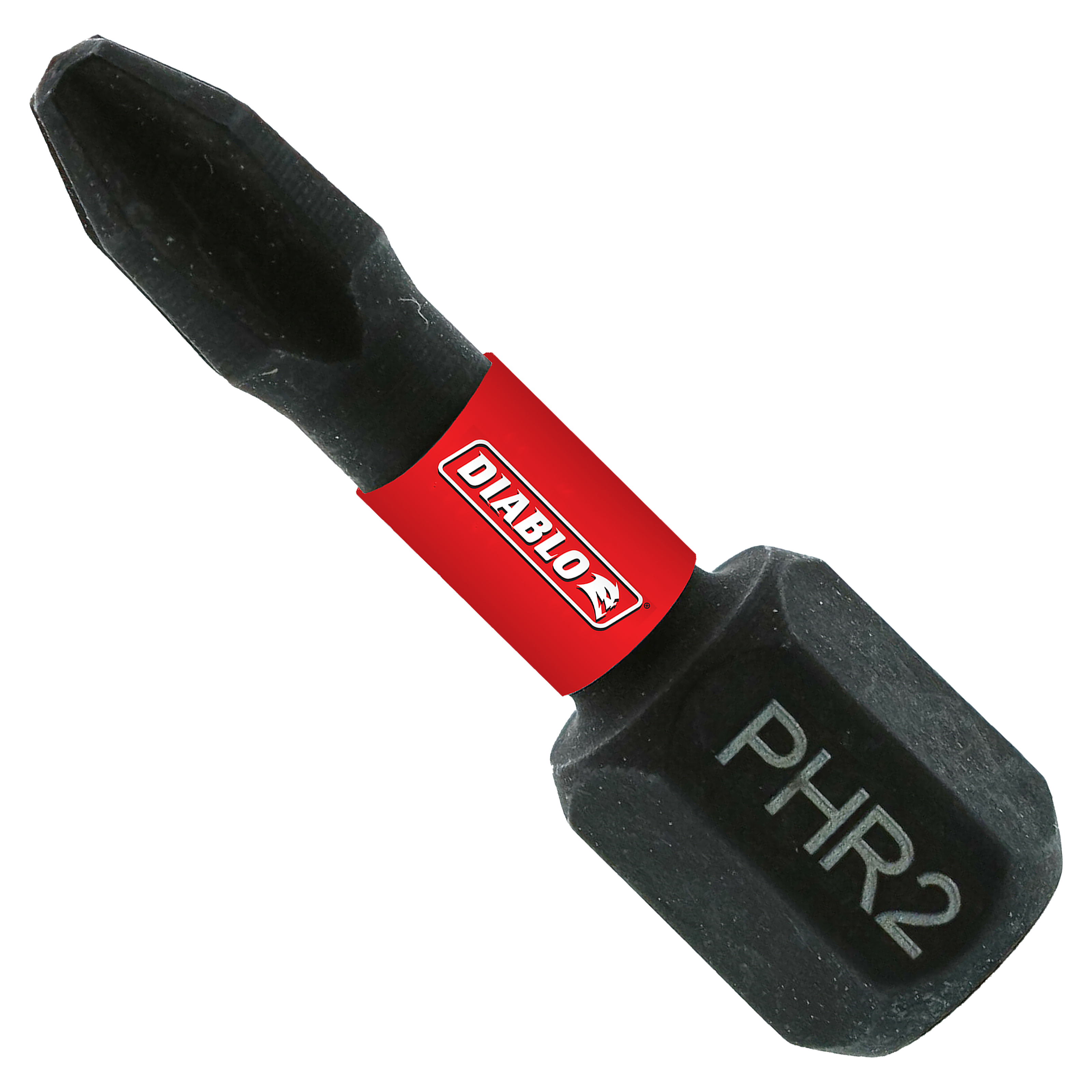 Two black Phillips #2 reduced drive bits with red Diablo branding collar.