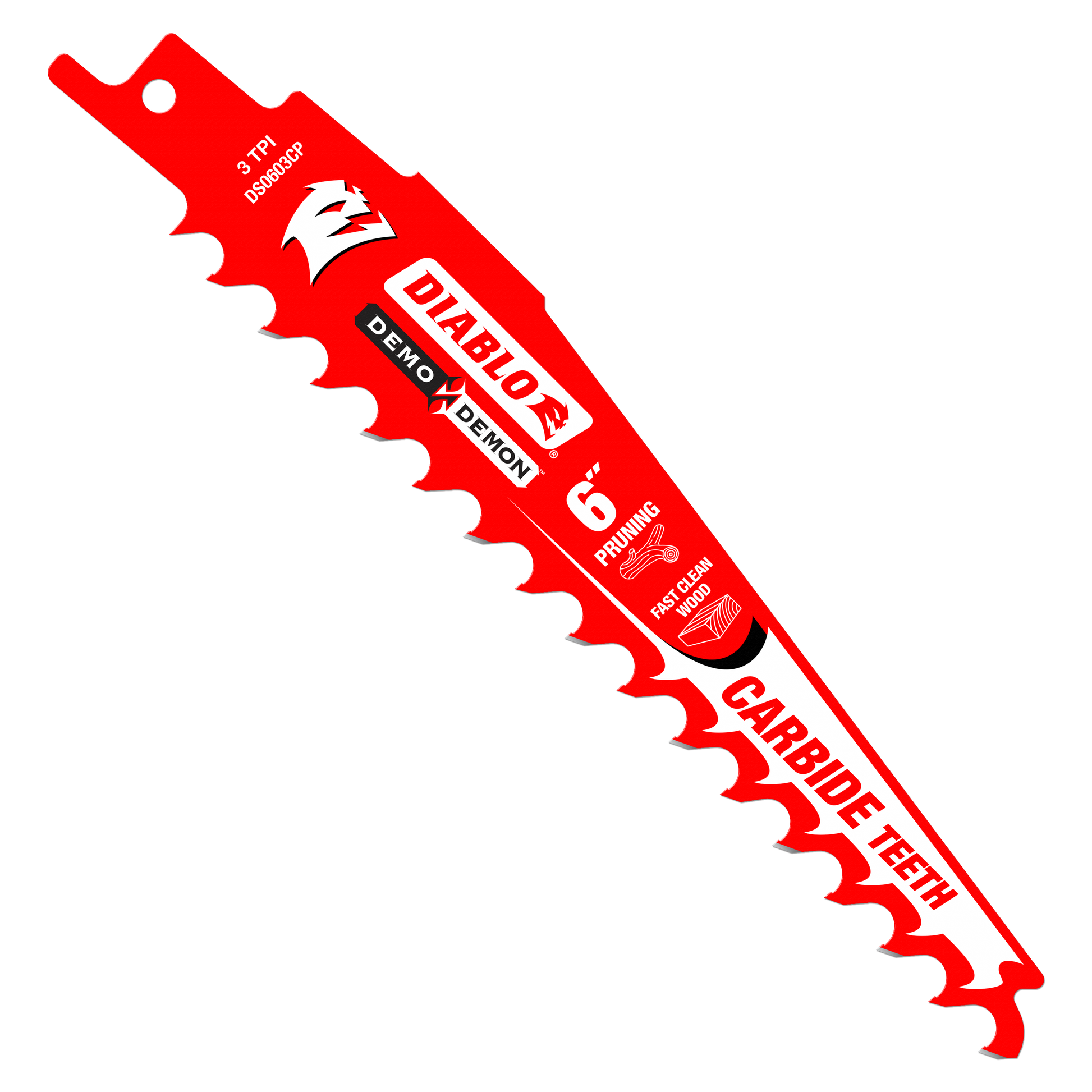 Red Diablo 6-inch carbide-tipped pruning blade with jagged cutting edge and hanging hole.