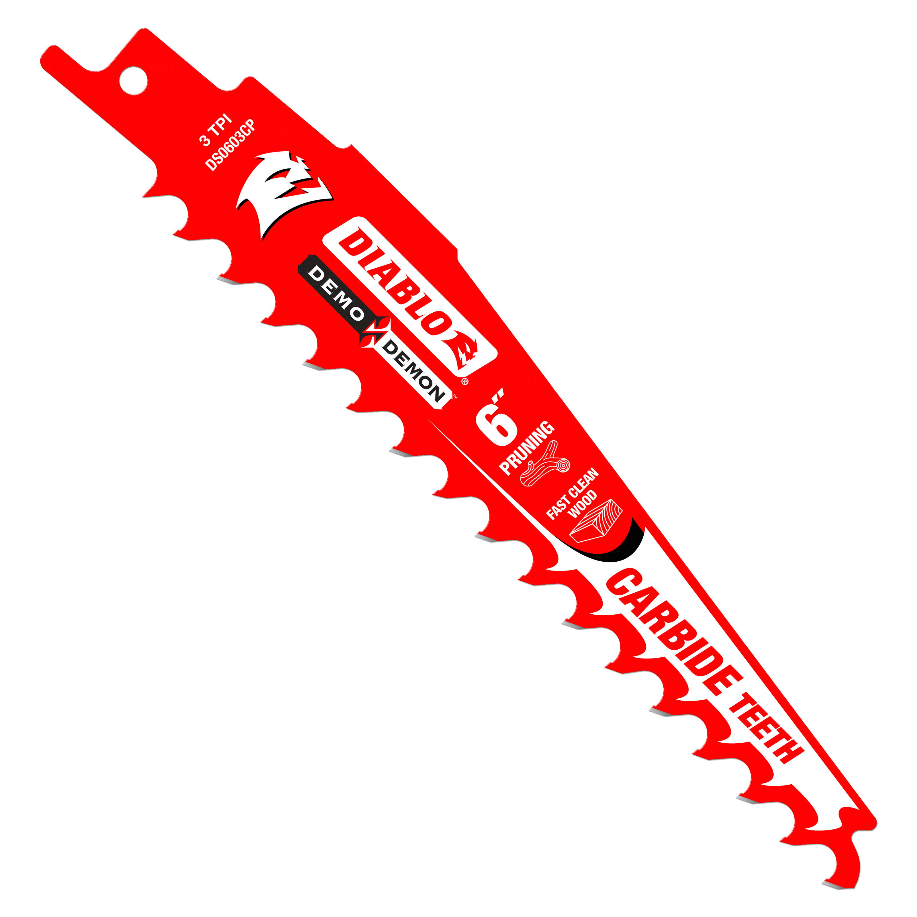 Red Diablo 6-inch carbide-tipped pruning blade with jagged cutting edge and hanging hole.