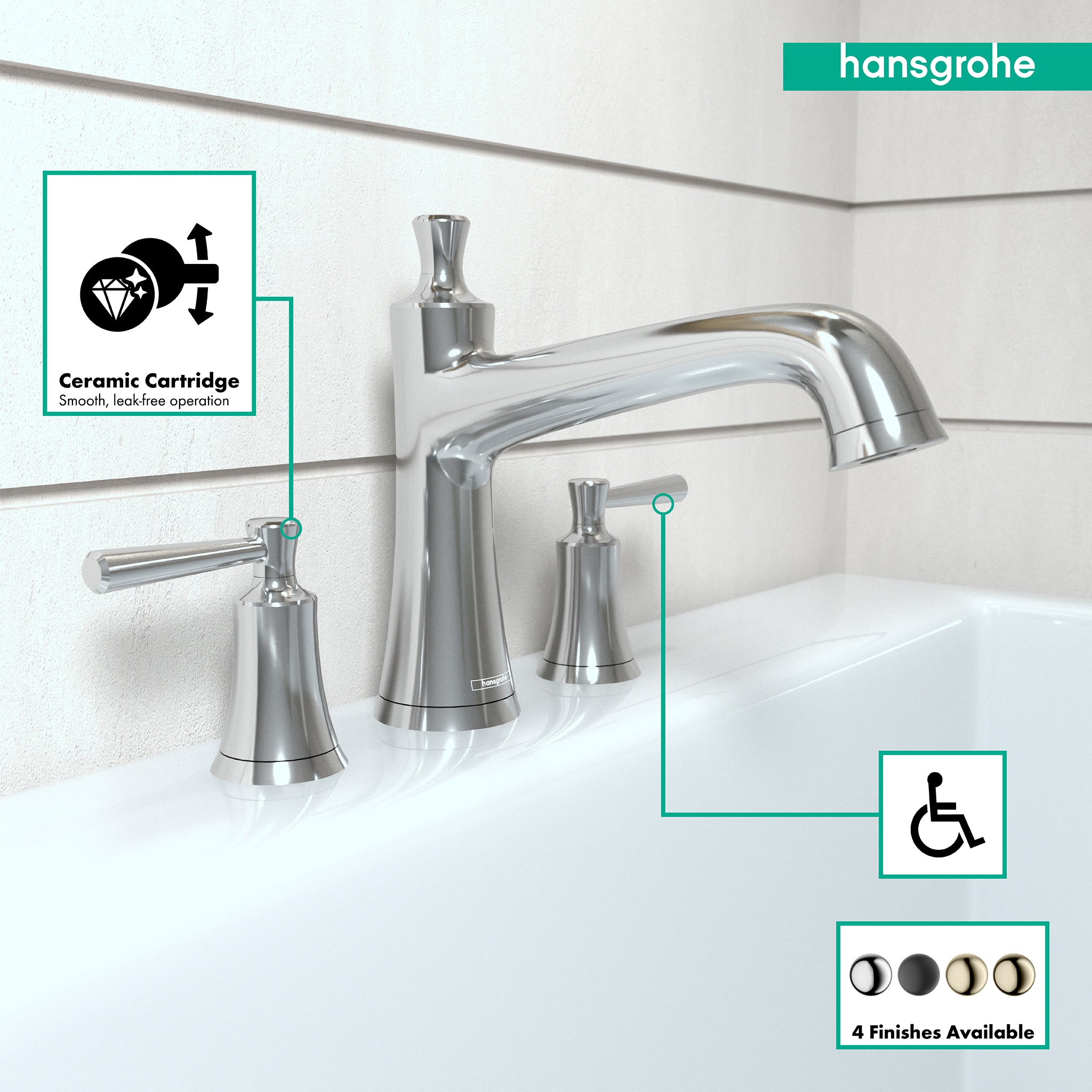 Chrome three-hole Roman tub filler with curved spout and two lever handles installed on white bathtub.