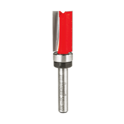 Freud flush trim bit with red cutting head, metal bearing collar, and silver shank marked with branding.