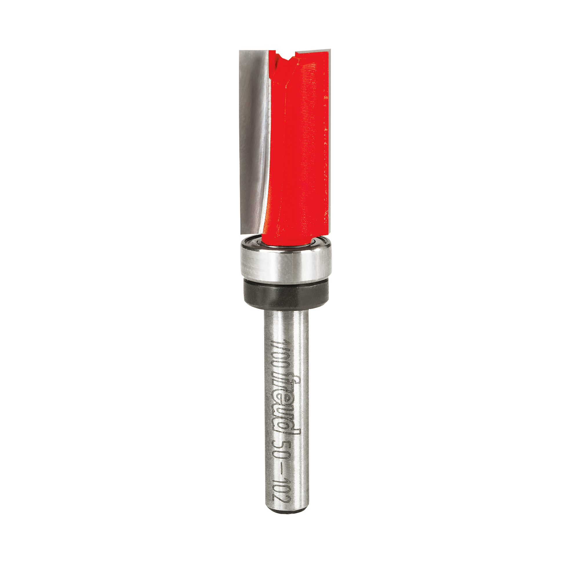 Freud flush trim bit with red cutting head, metal bearing collar, and silver shank marked with branding.