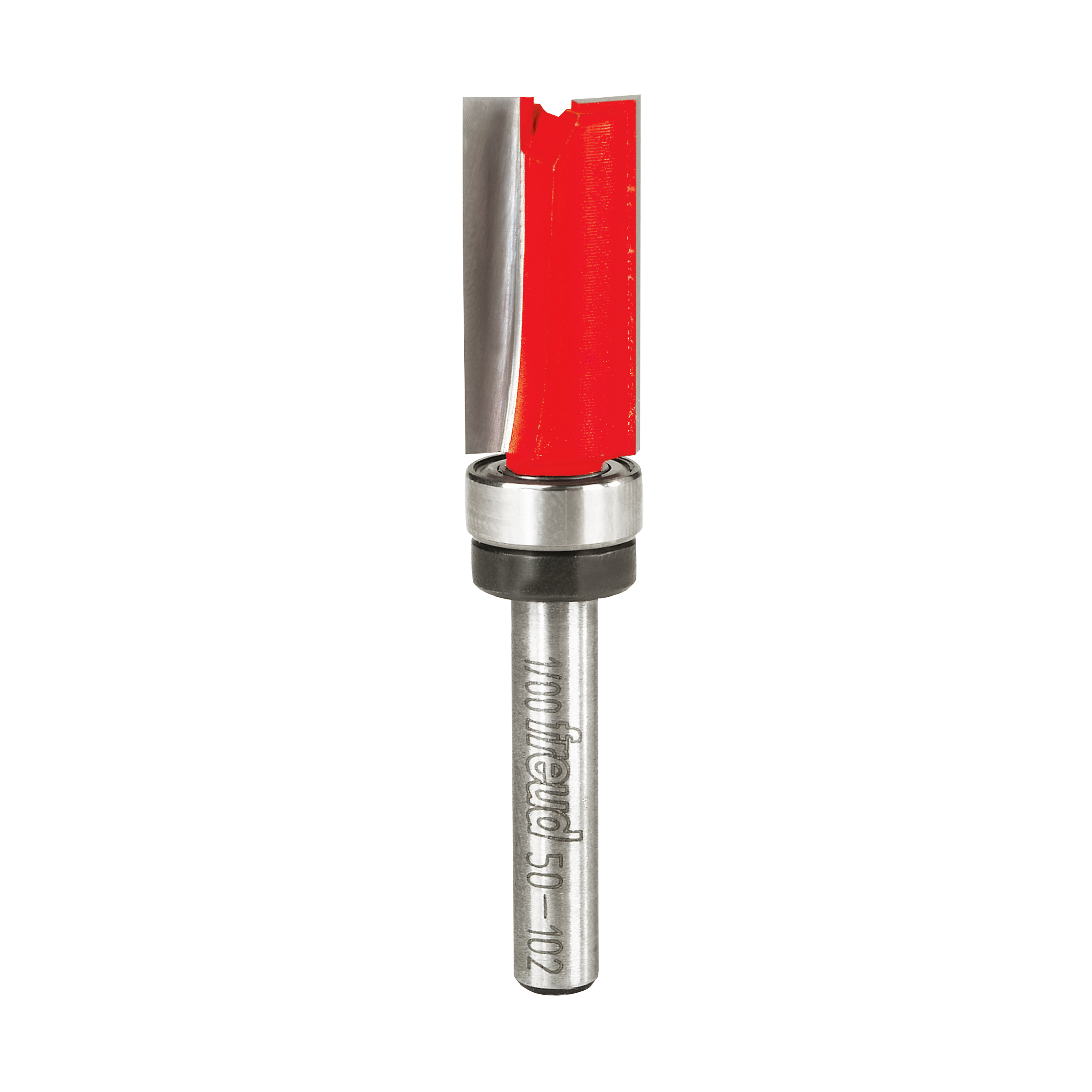 Freud flush trim bit with red cutting head, metal bearing collar, and silver shank marked with branding.