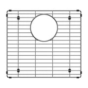 Stainless steel sink grid with horizontal and vertical bars and circular drain opening, featuring black corner brackets and f
