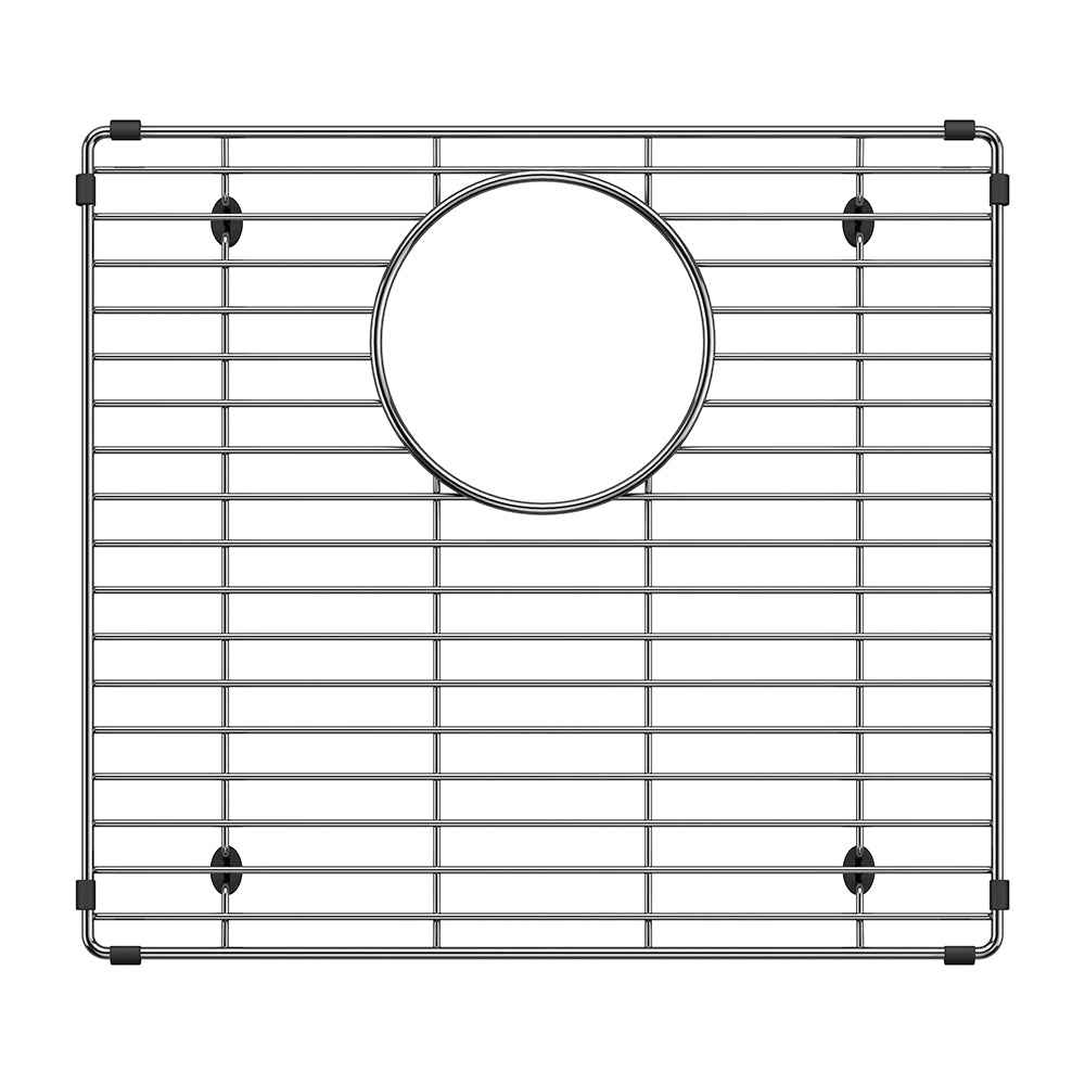 Stainless steel sink grid with horizontal and vertical bars and circular drain opening, featuring black corner brackets and f