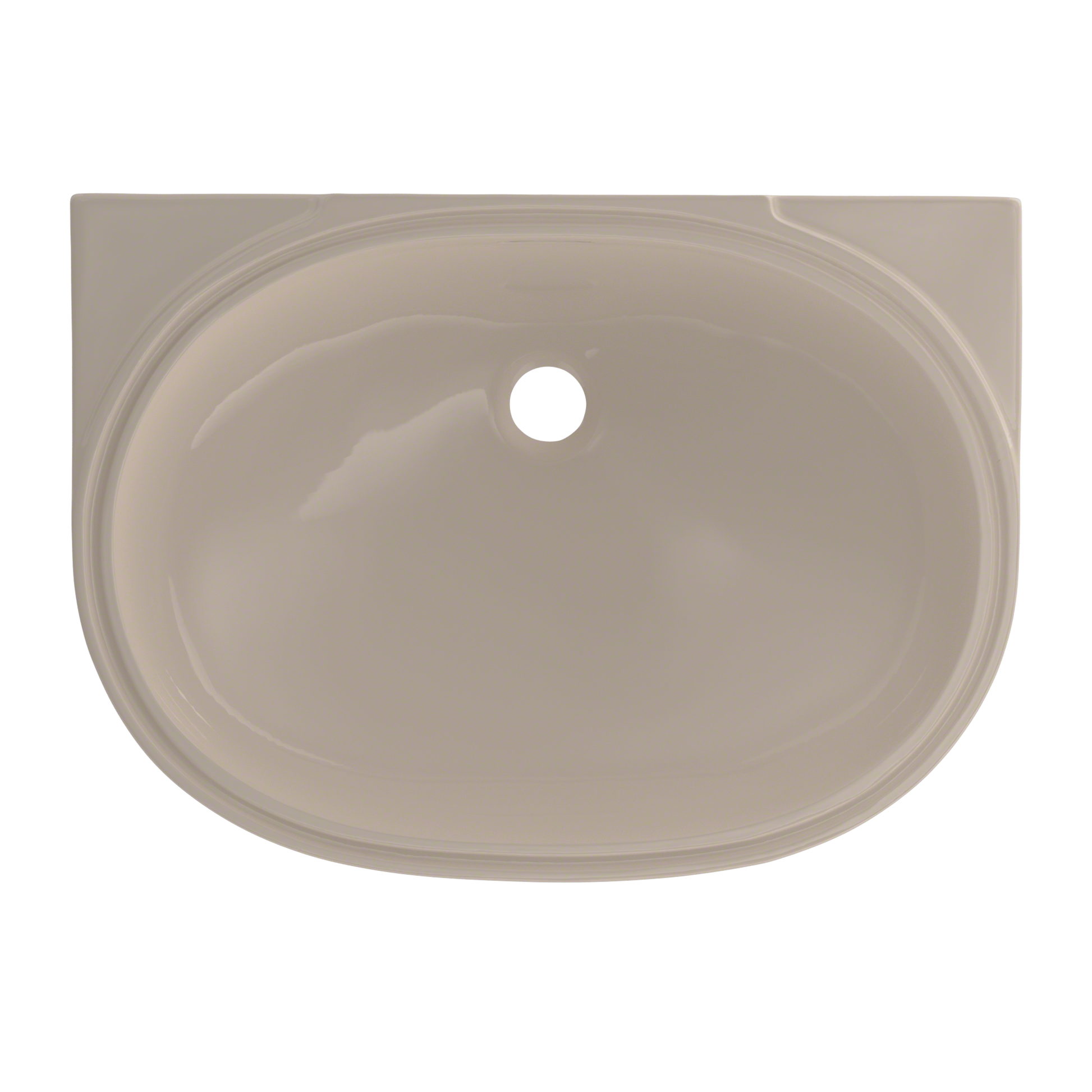 Bone-colored oval undermount bathroom sink with single faucet hole, viewed from above.