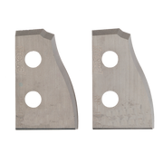 Pair of metal router knives with curved profiles and two mounting holes each, marked with Freud branding.