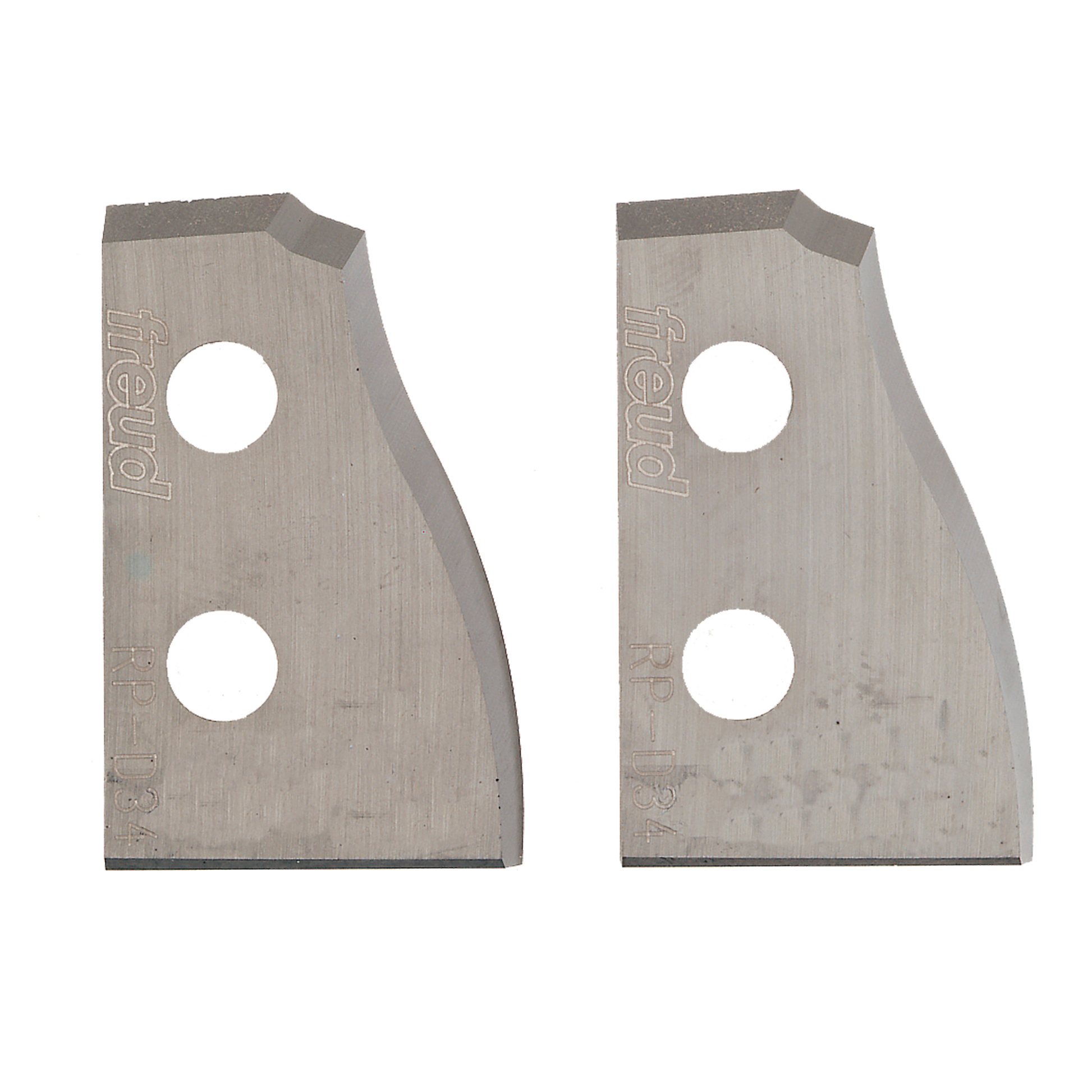 Pair of metal router knives with curved profiles and two mounting holes each, marked with Freud branding.