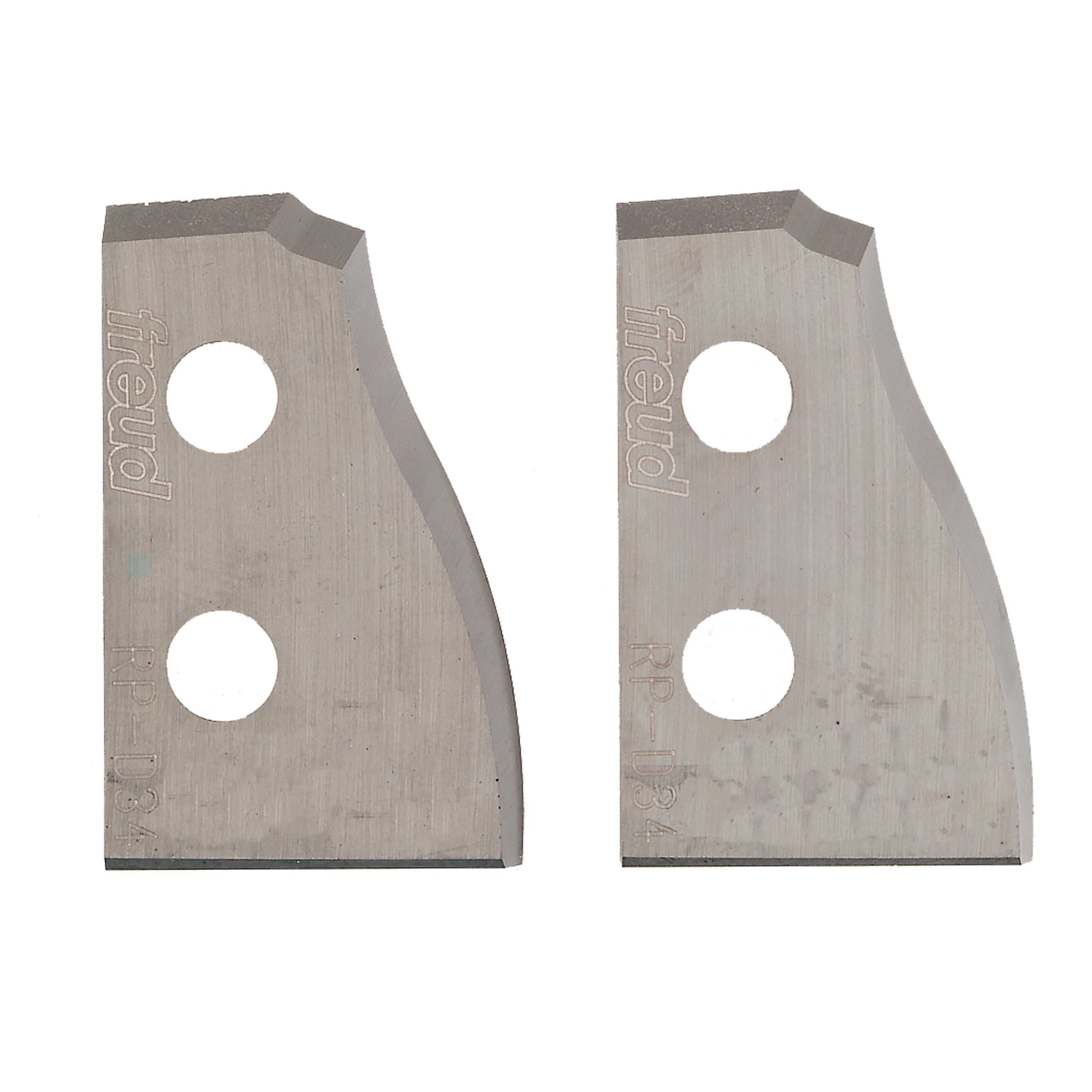 Pair of metal router knives with curved profiles and two mounting holes each, marked with Freud branding.