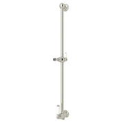 Polished nickel slide bar with adjustable handhold, volume control, and outlet connection for shower installation.