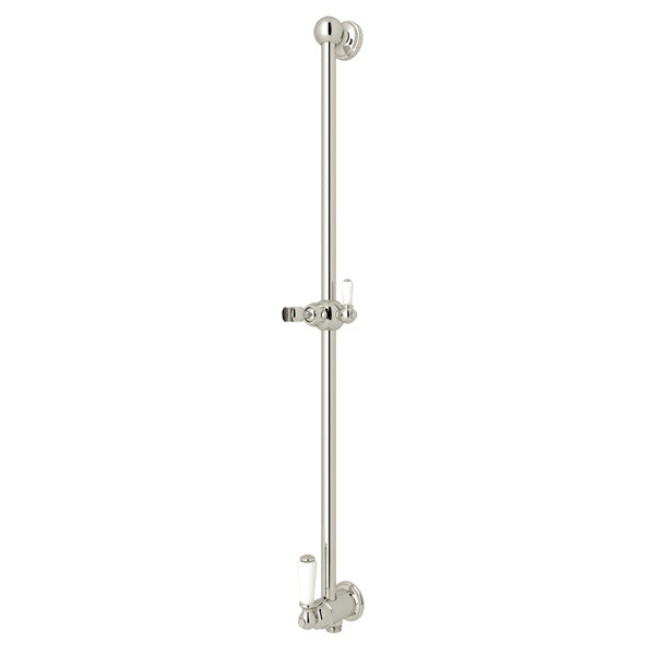 Polished nickel slide bar with adjustable handhold, volume control, and outlet connection for shower installation.
