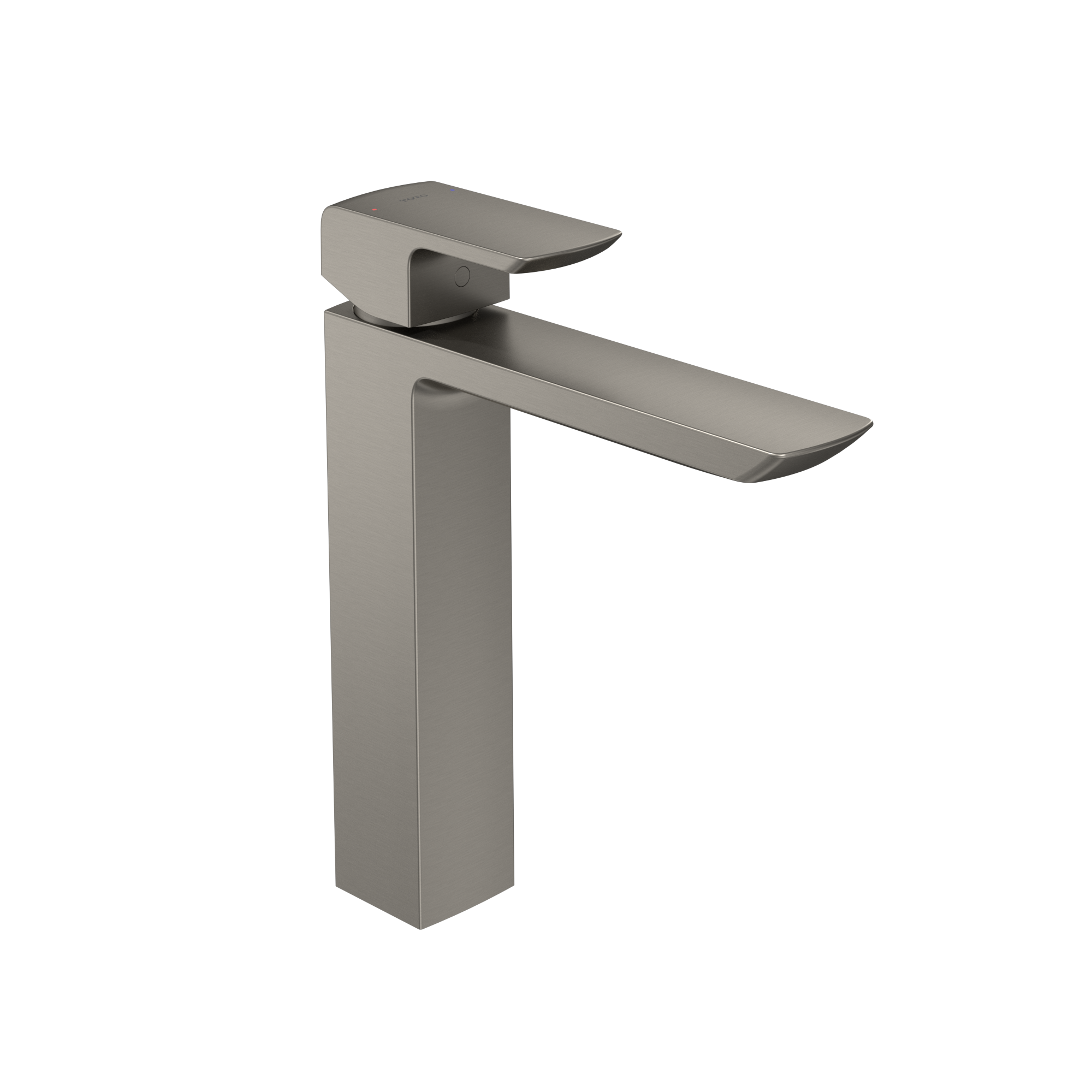 Brushed nickel single-handle vessel faucet with tall rectangular spout and compact control lever on top.