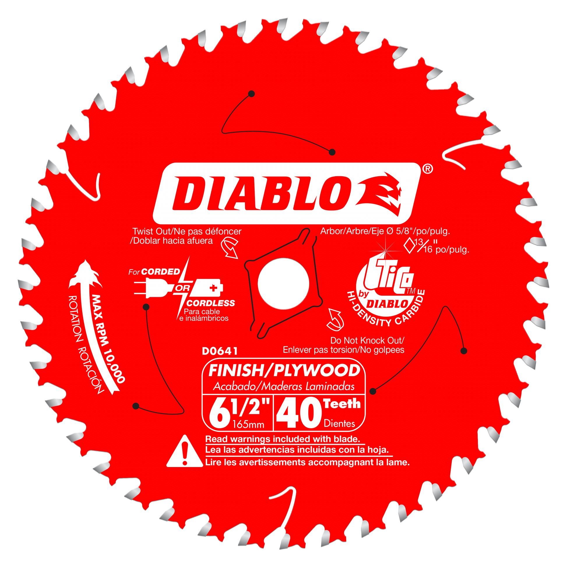 Red circular saw blade with 40 silver teeth, white center arbor hole, and Diablo branding for finish trim cutting.
