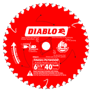 Red circular saw blade with 40 silver teeth around perimeter, white center arbor hole, and Diablo branding with specification