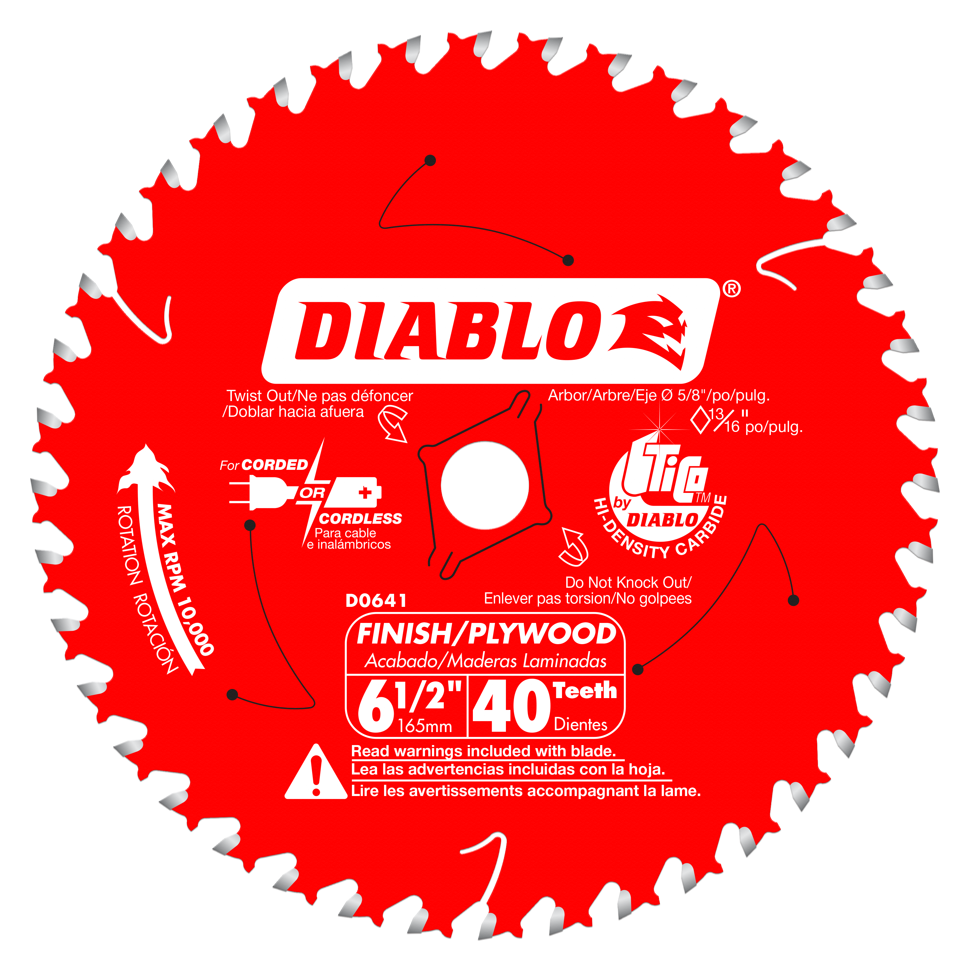 Red circular saw blade with 40 silver teeth around perimeter, white center arbor hole, and Diablo branding with specification