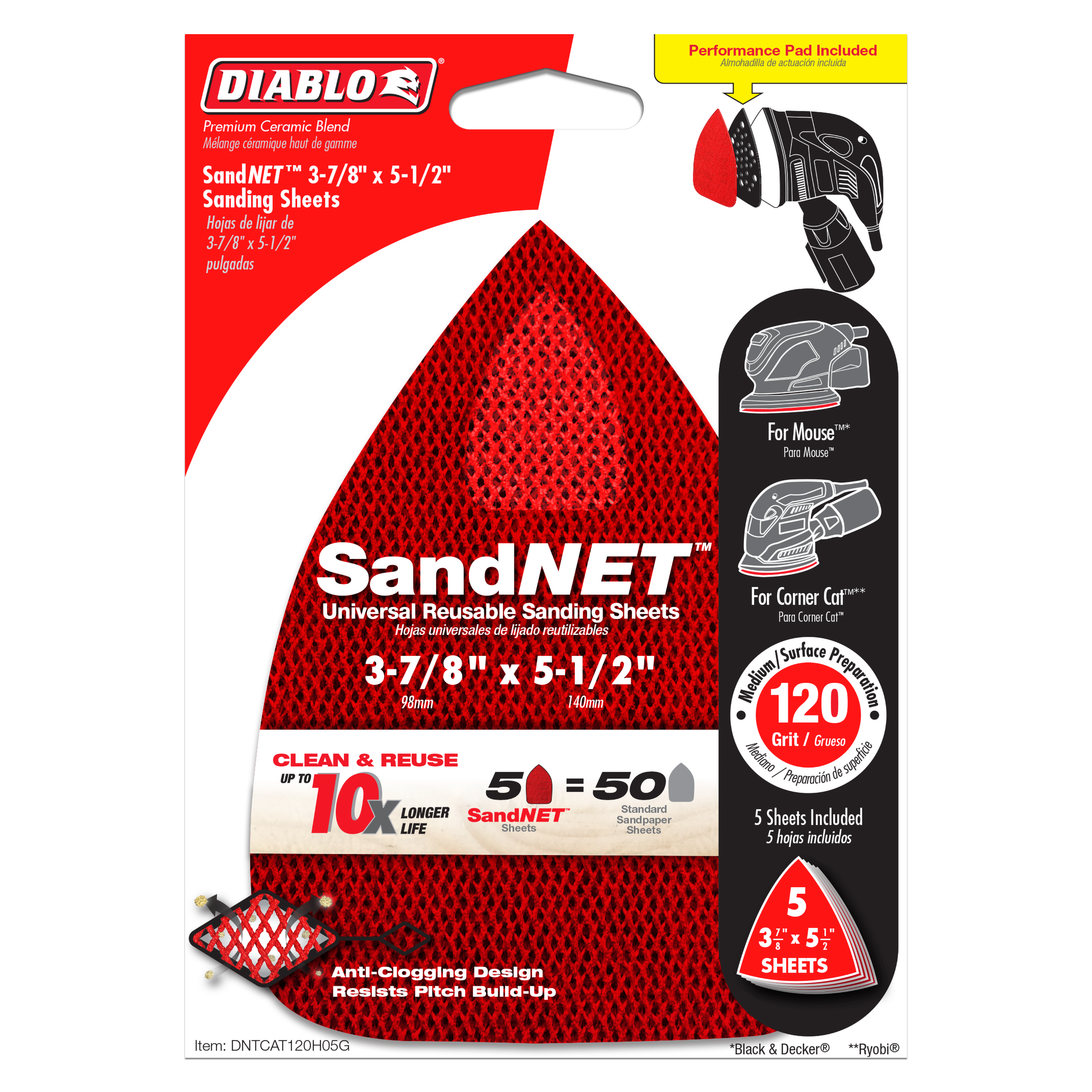 Diablo DNTCAT120H05G 3-7/8 in. x 5-1/2 in. 120-Grit (Fine) CAT/Mouse SandNET Reusable Sanding Sheets (5-Piece)