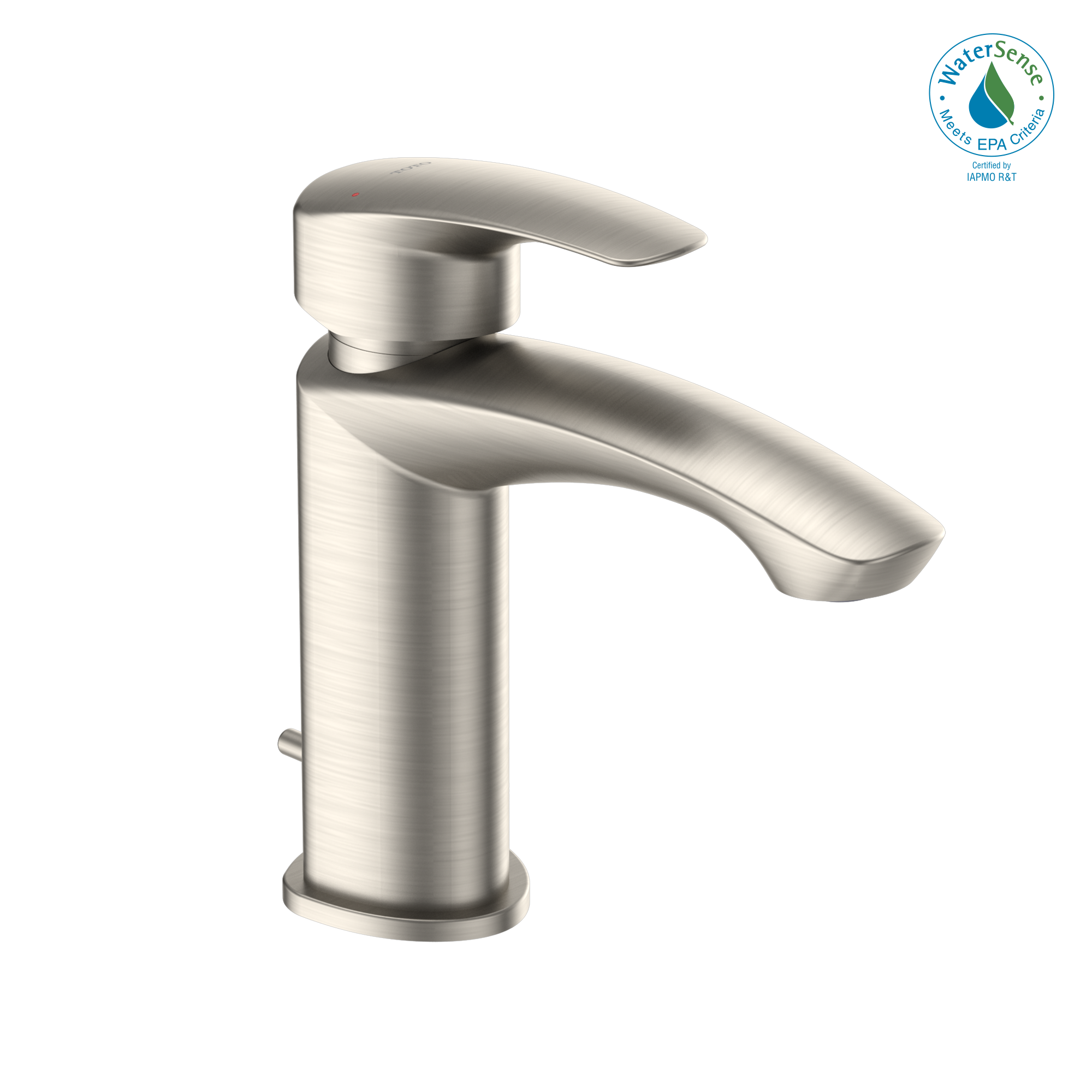 Brushed nickel single-handle bathroom sink faucet with curved spout and cylindrical body.