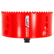 Red Diablo 6-inch carbide teeth hole saw with black arbor attachment and jagged cutting edge.
