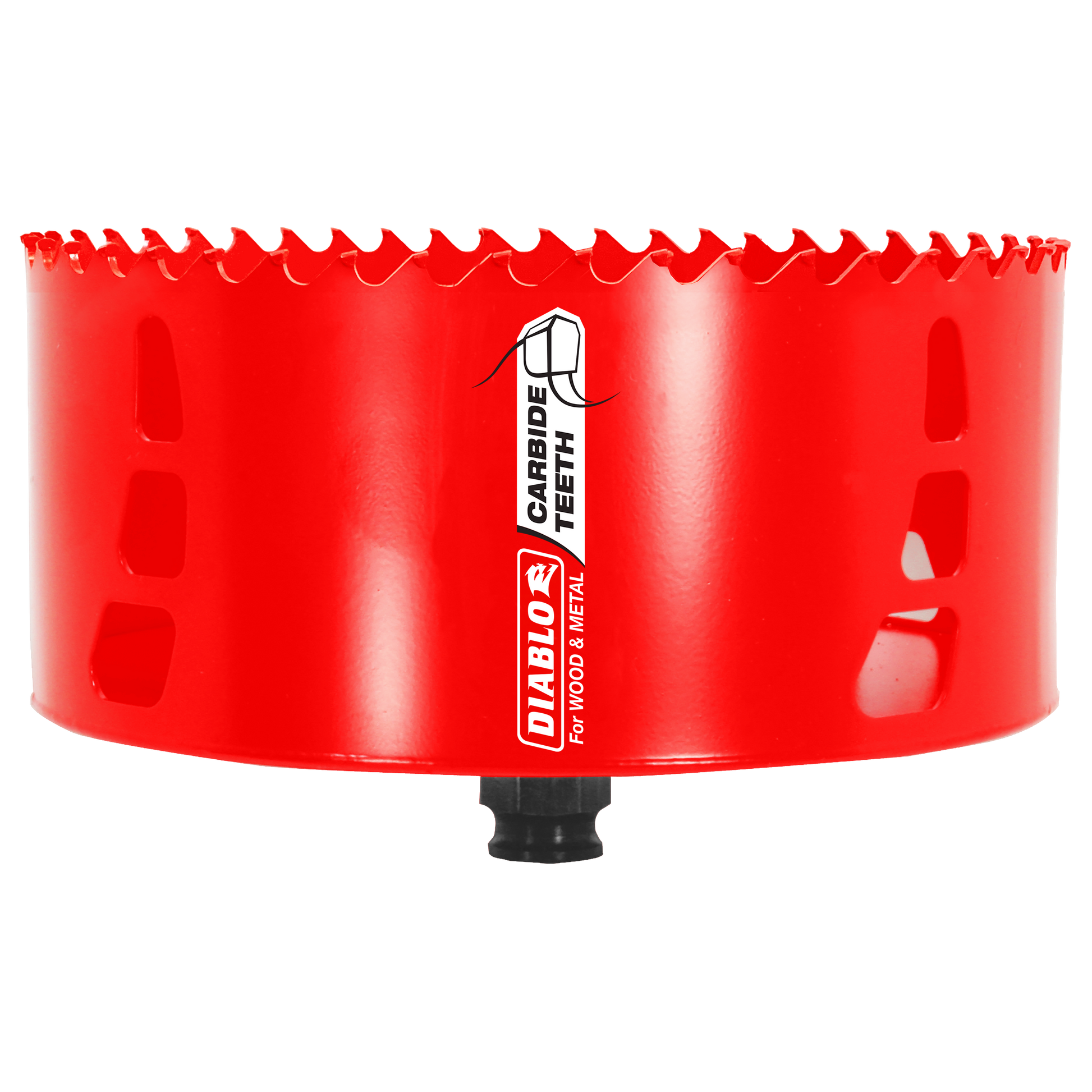 Red carbide hole saw with serrated cutting edge and black arbor attachment, labeled "Diablo" for wood and metal use.
