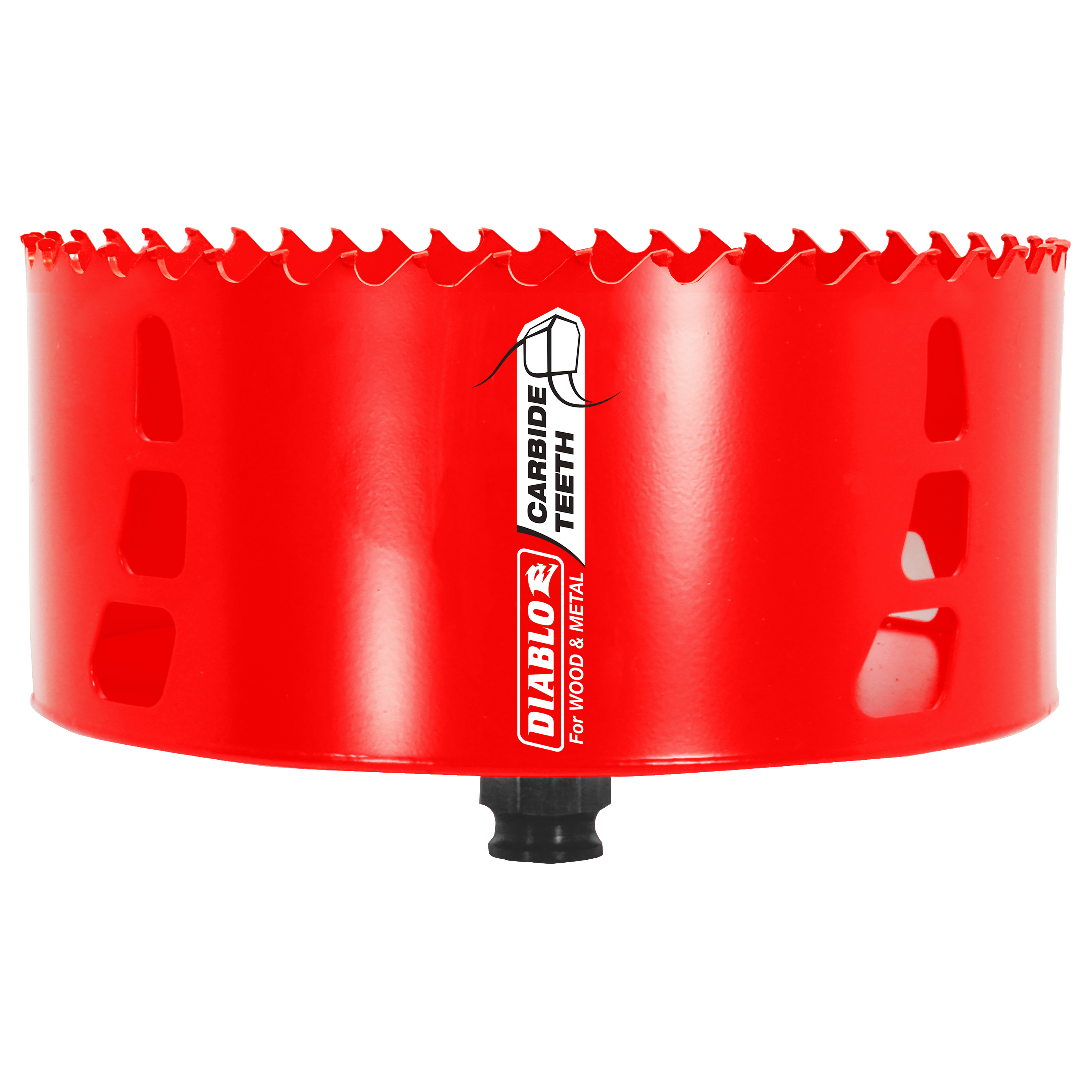 Red carbide hole saw with serrated cutting edge and black arbor attachment, labeled "Diablo" for wood and metal use.