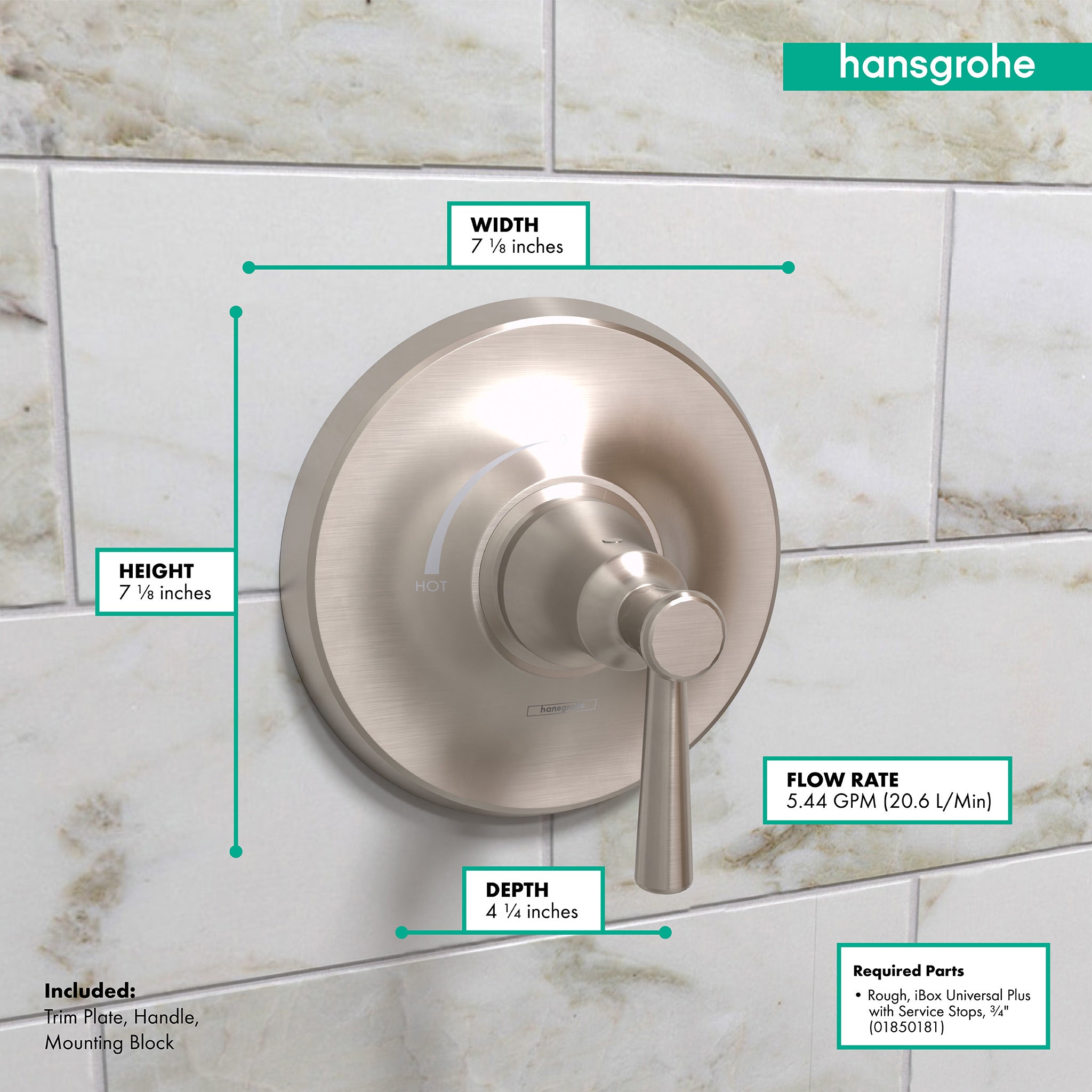 Hansgrohe Joleena pressure balance trim in brushed nickel with round escutcheon plate and lever handle on marble tile.