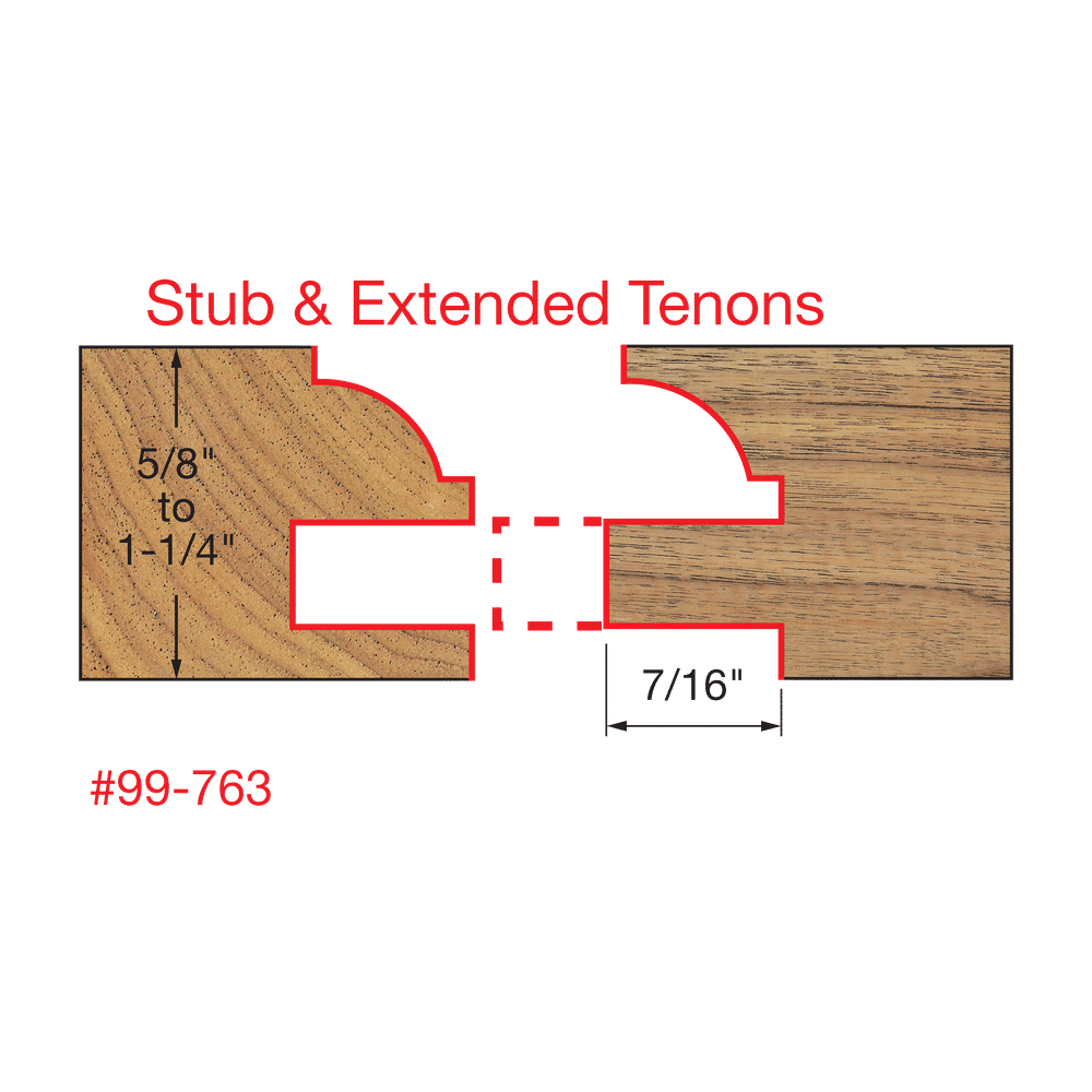 Diagram showing stub and extended tenon profiles with measurements for adjustable rail and stile bit configuration.