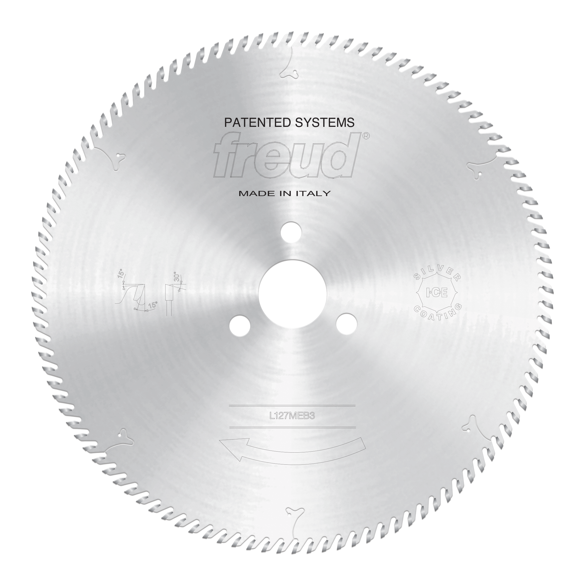 Circular saw blade with fine teeth around edges, central mounting hole, and Freud branding on silver metal surface.