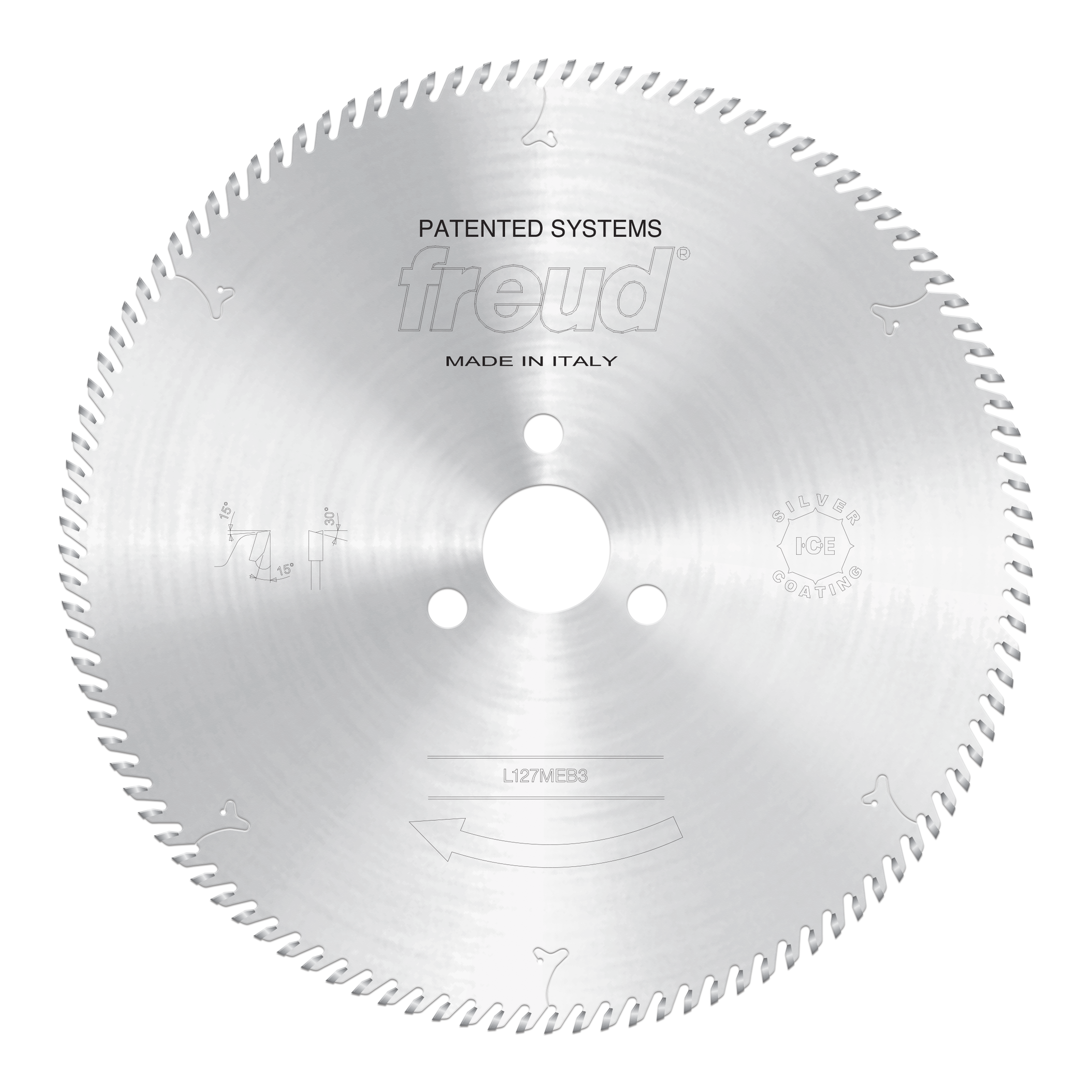 Circular saw blade with fine teeth around edges, central mounting hole, and Freud branding on silver metal surface.