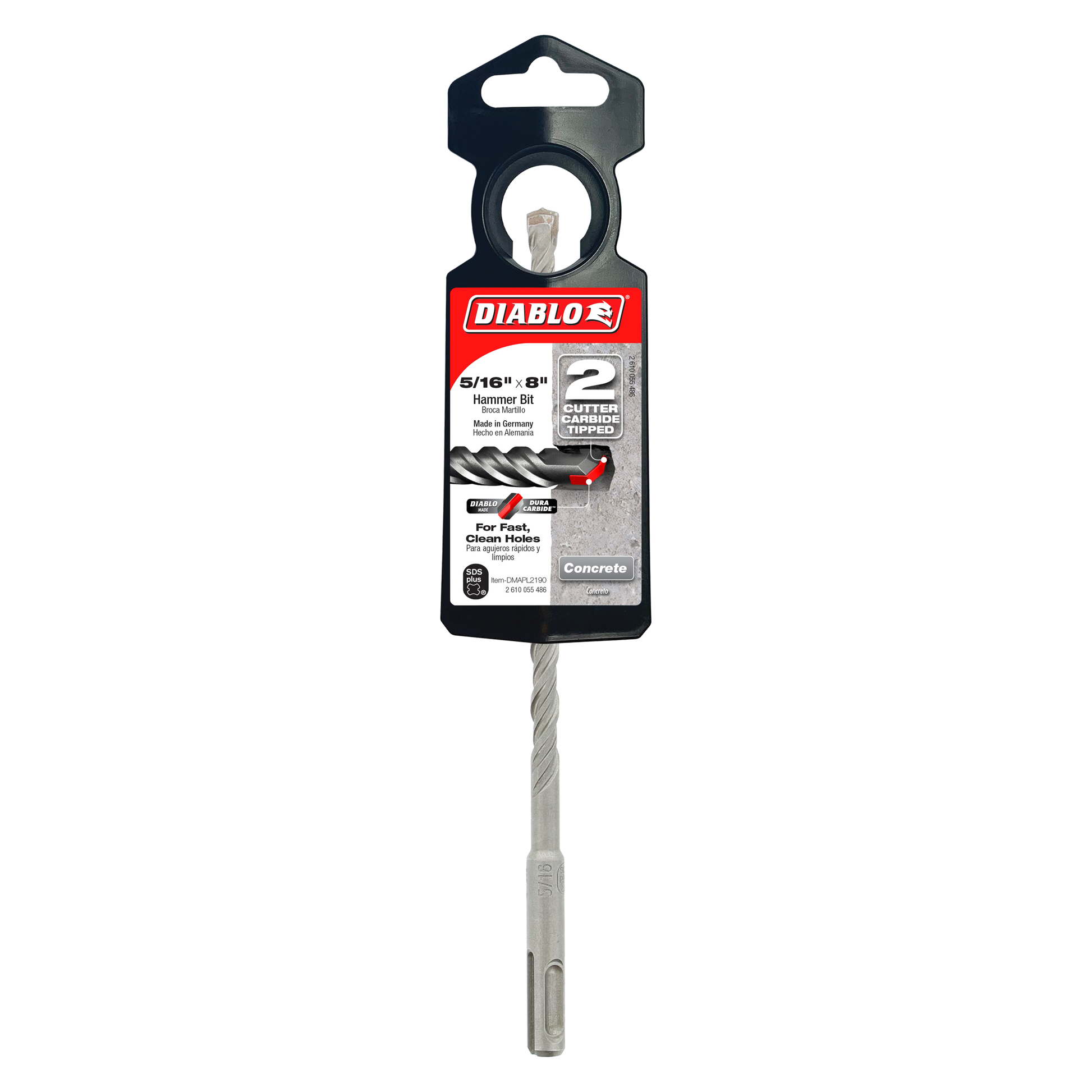 Diablo SDS-Plus hammer drill bit with two cutting edges and black packaging on white background.