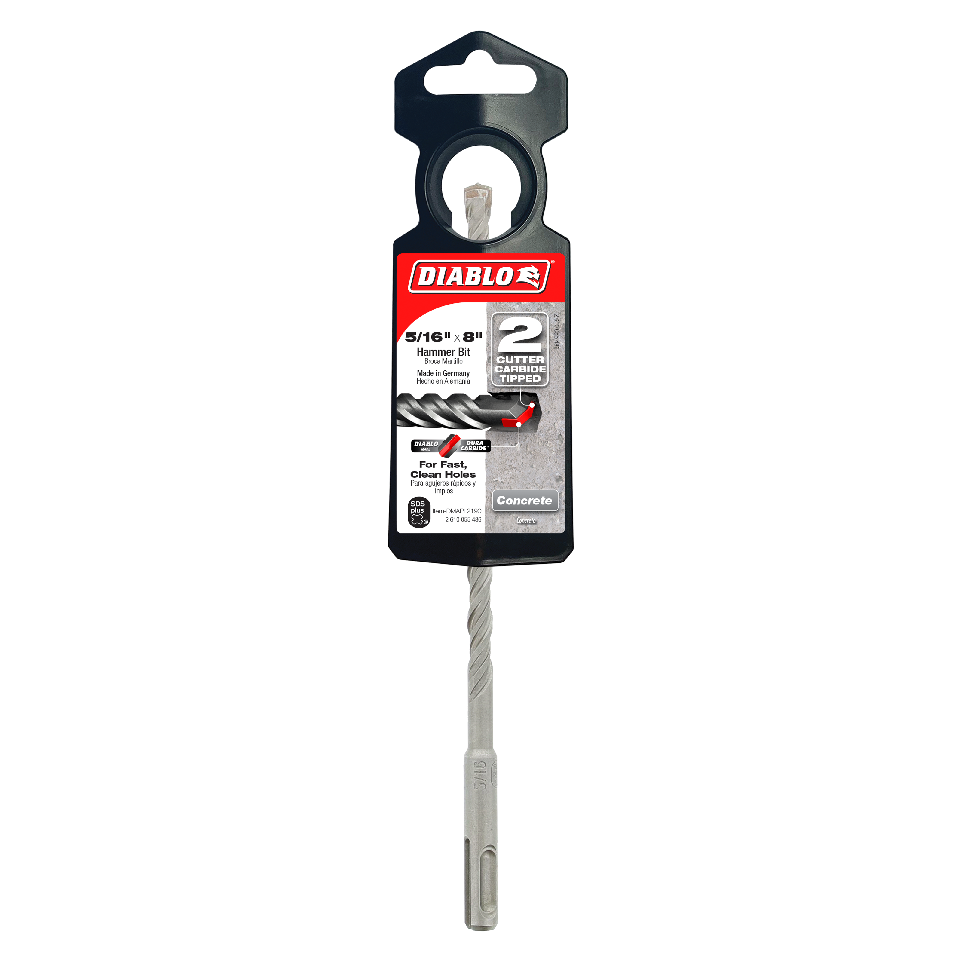 Diablo SDS-Plus hammer drill bit with two cutting edges and black packaging on white background.
