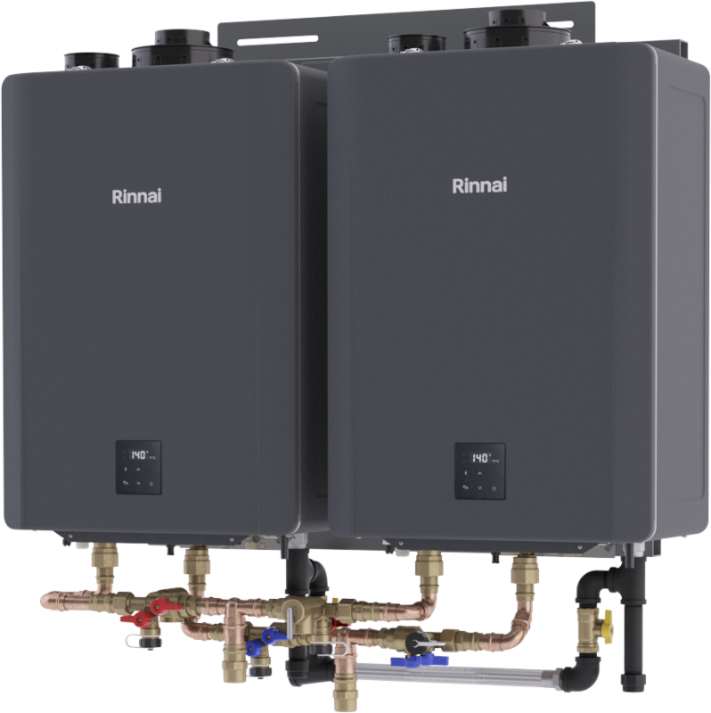 Two dark gray Rinnai tankless water heaters mounted on a wall-hanging rack system with brass piping connections and digital c