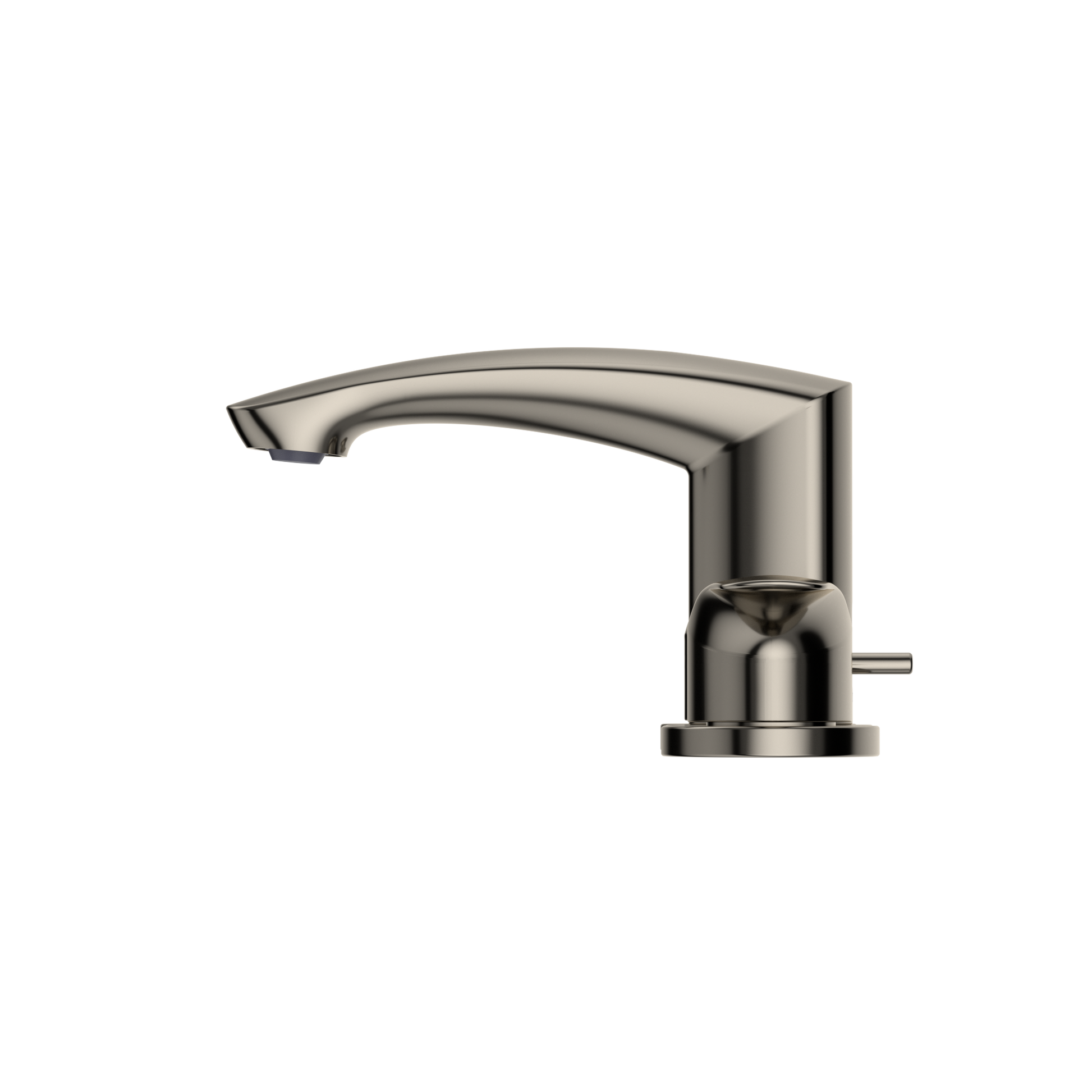 Polished nickel bathroom sink faucet with curved spout and single handle control.