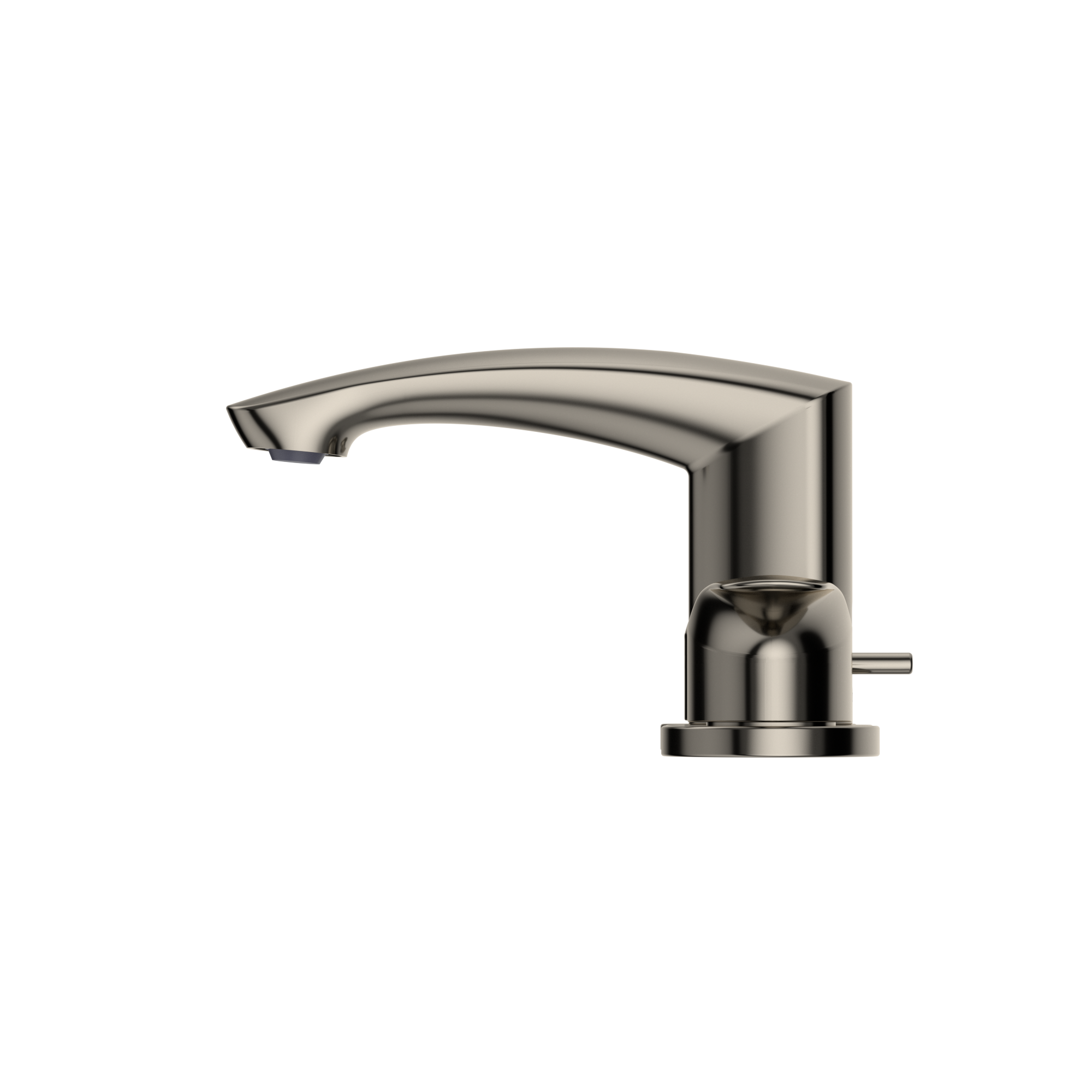 Polished nickel bathroom sink faucet with curved spout and single handle control.