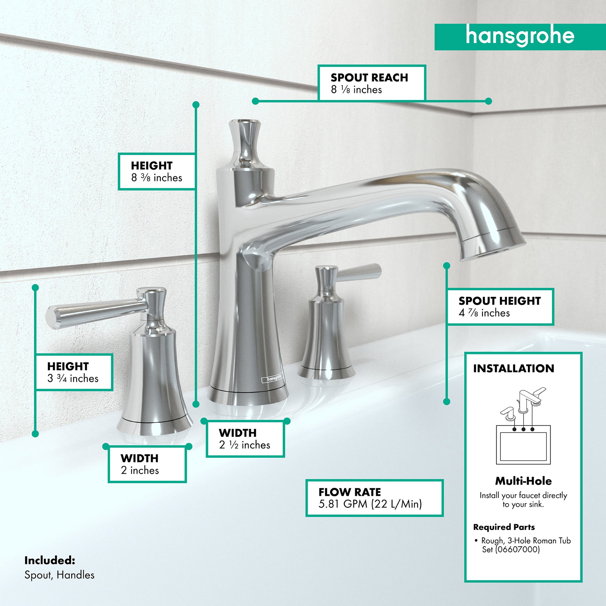 Chrome 3-hole roman tub set with curved spout, two handles, and deck-mounted installation.