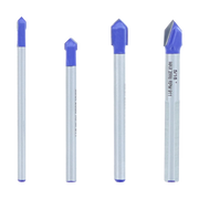 Four glass and tile drill bits with blue carbide tips and silver metal shanks in varying sizes.