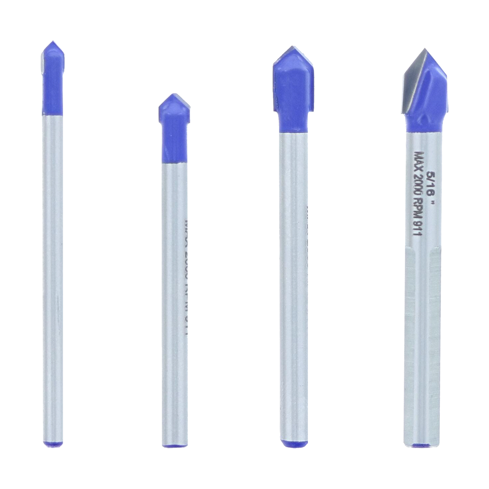 Four glass and tile drill bits with blue carbide tips and silver metal shanks in varying sizes.