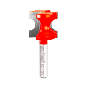Red and silver half round router bit with curved cutting edges and cylindrical shank marked with Freud branding.