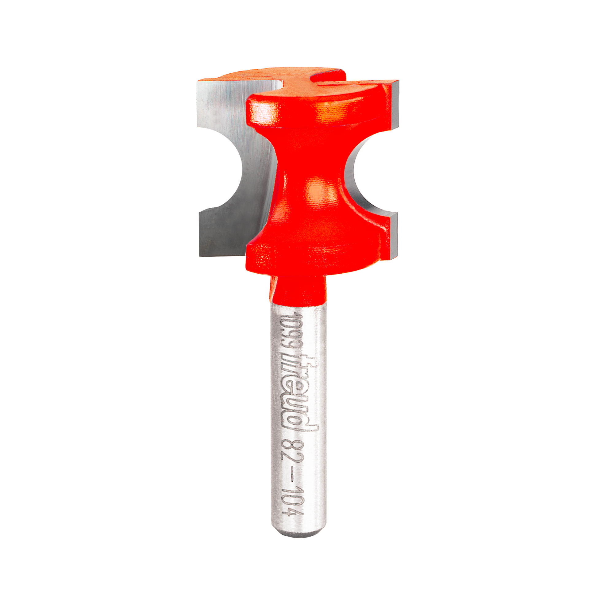 Red and silver half round router bit with curved cutting edges and cylindrical shank marked with Freud branding.