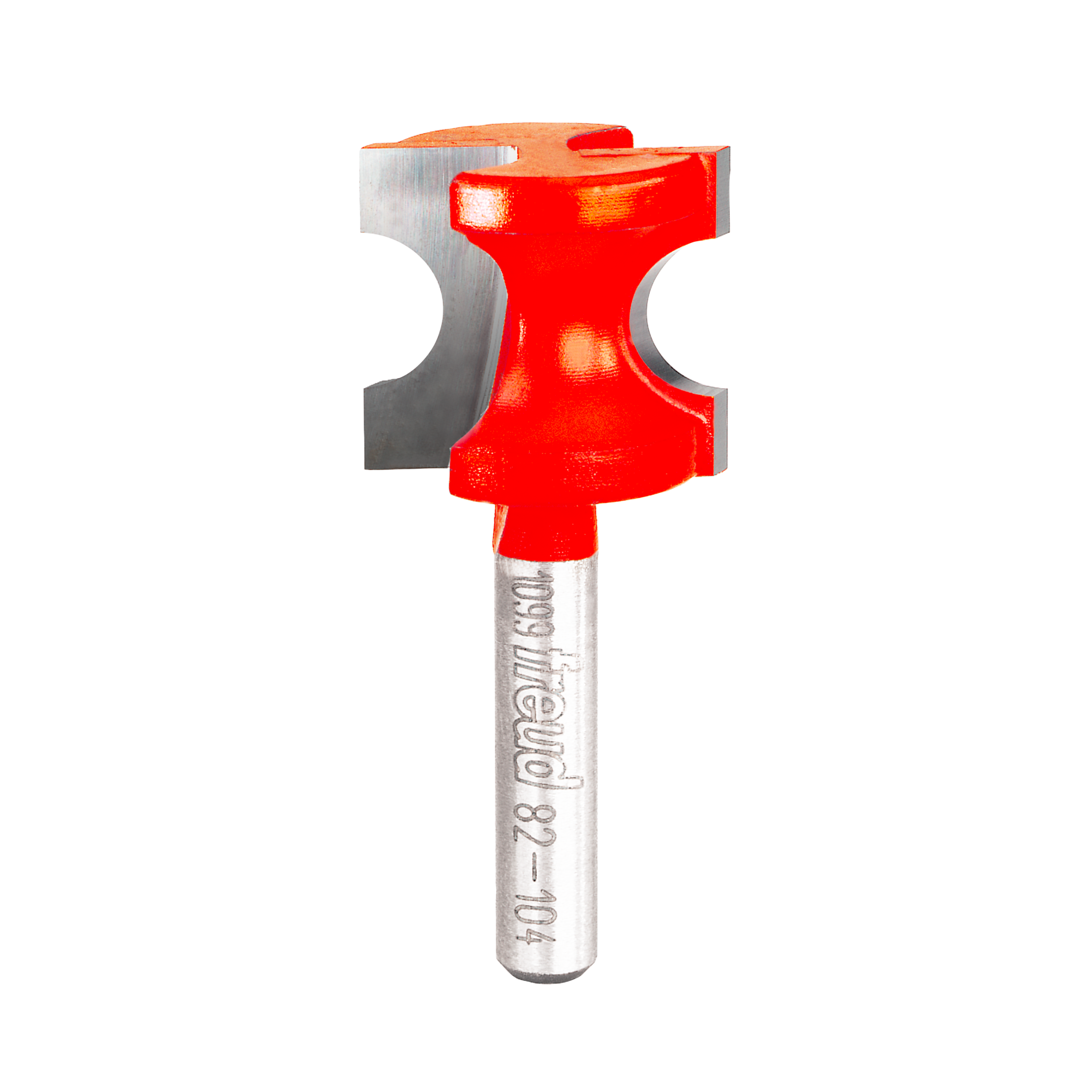 Red and silver half round router bit with curved cutting edges and cylindrical shank marked with Freud branding.