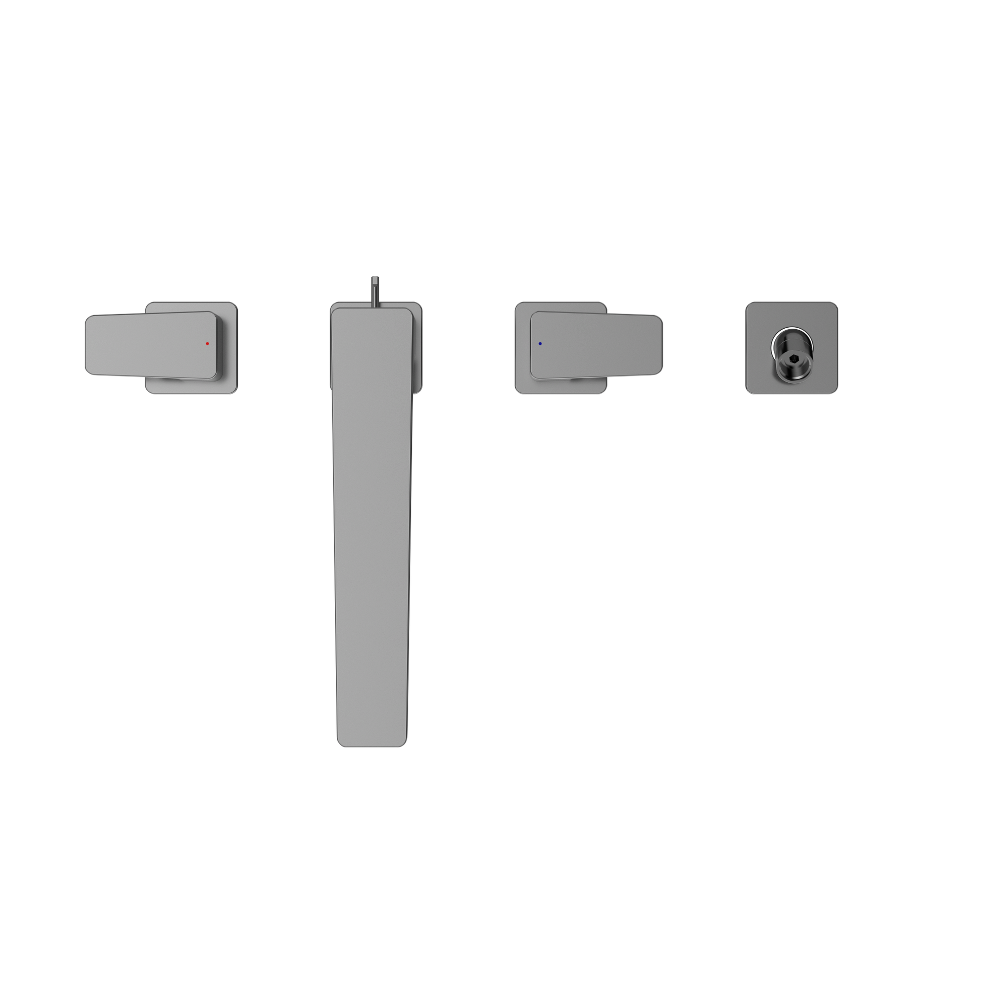 Polished chrome two-handle deck-mount roman tub filler with central spout and detachable handshower.