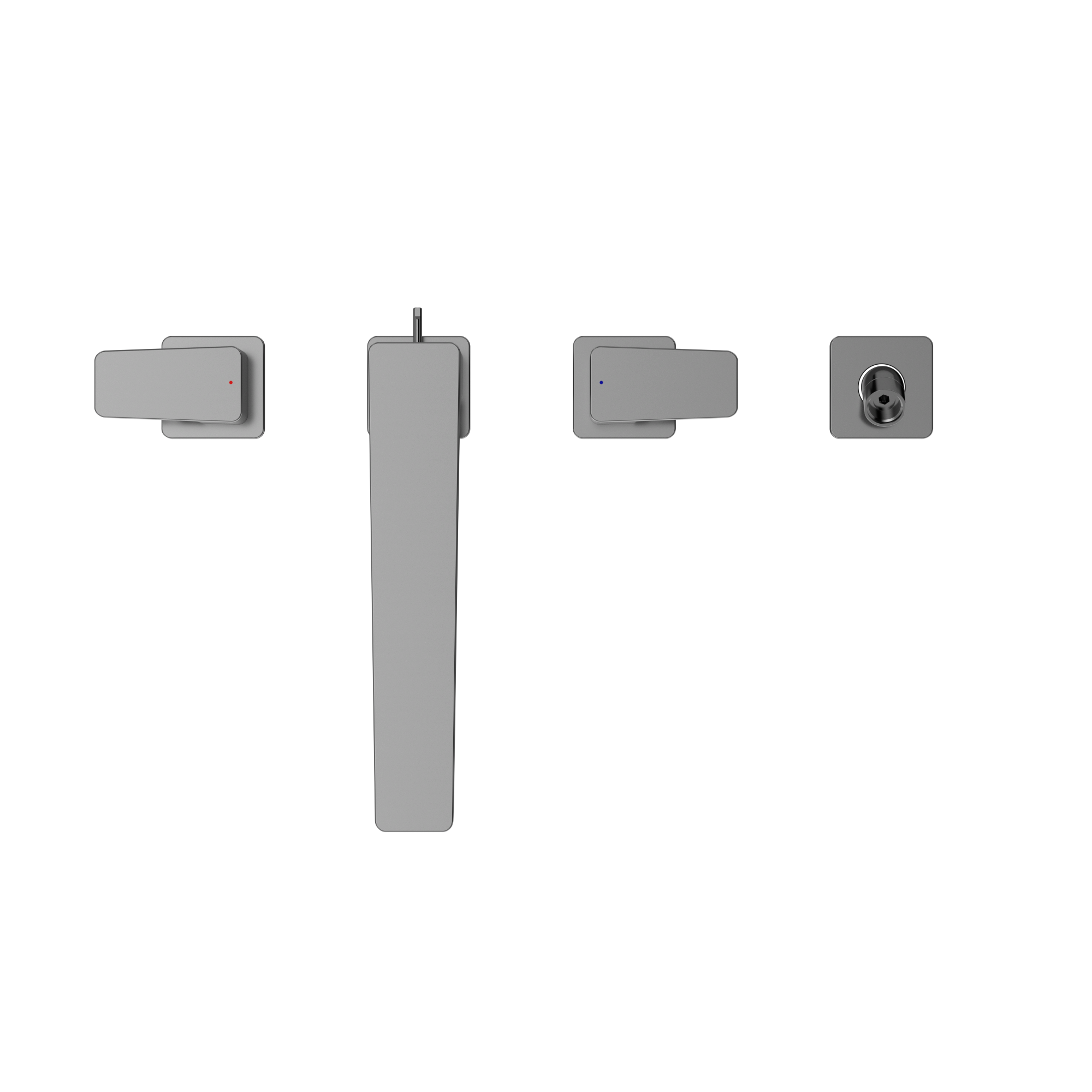 Polished chrome two-handle deck-mount roman tub filler with central spout and detachable handshower.