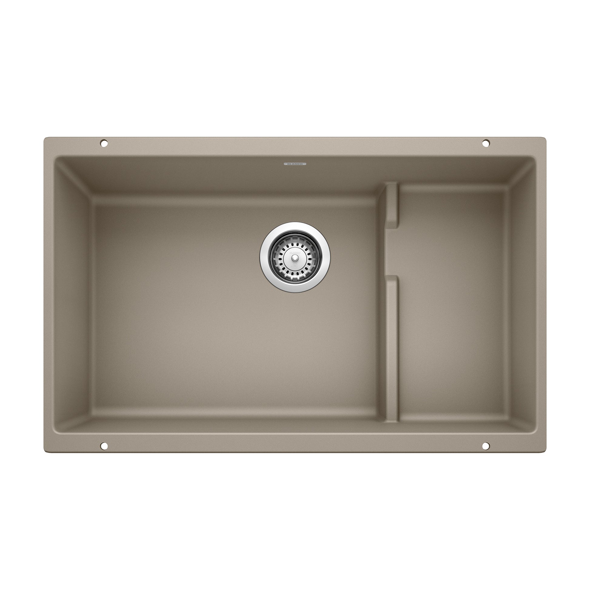 Truffle undermount kitchen sink with single large basin, smaller right compartment, and chrome drain strainer.