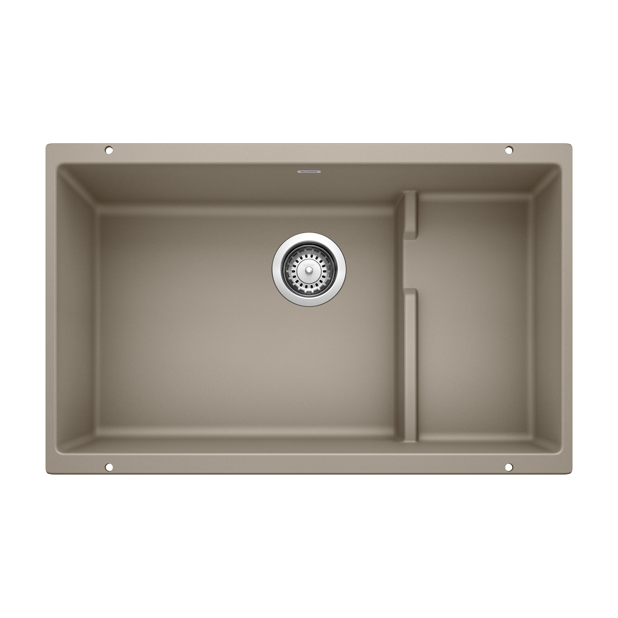 Truffle undermount kitchen sink with single large basin, smaller right compartment, and chrome drain strainer.