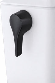 Matte black trip lever handle assembly mounted on white toilet tank.