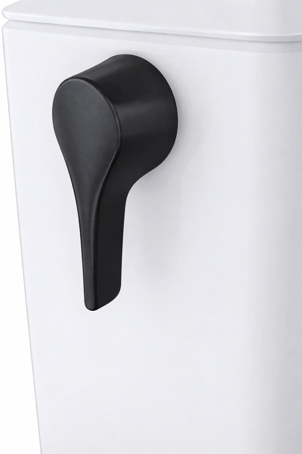 Matte black trip lever handle assembly mounted on white toilet tank.