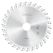 Freud 120mm circular saw blade with flat teeth and silver coating, center bore hole visible.